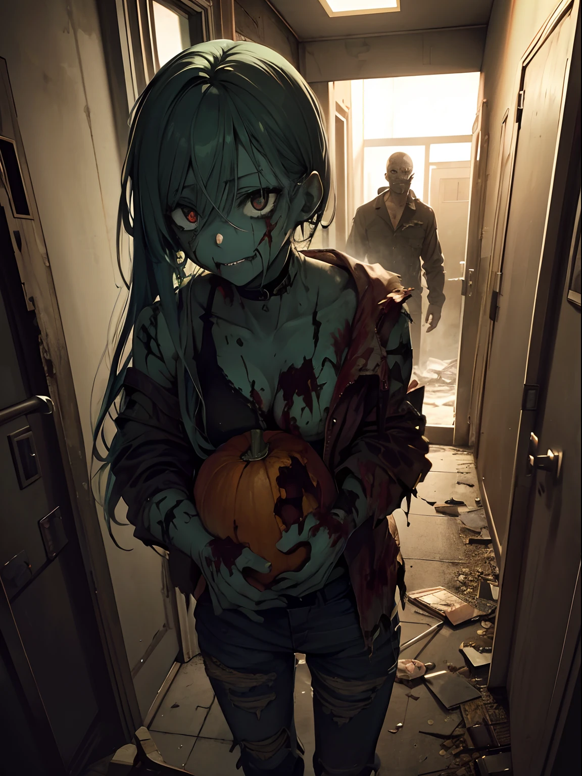 Close up, horror atmosphere, abandoned building, trashy hallway, humanoid, zombie, green skin, stitches on body, black eyes, bloody mouth, ragged clothing, ripped clothes, nervous, holding pumpkin