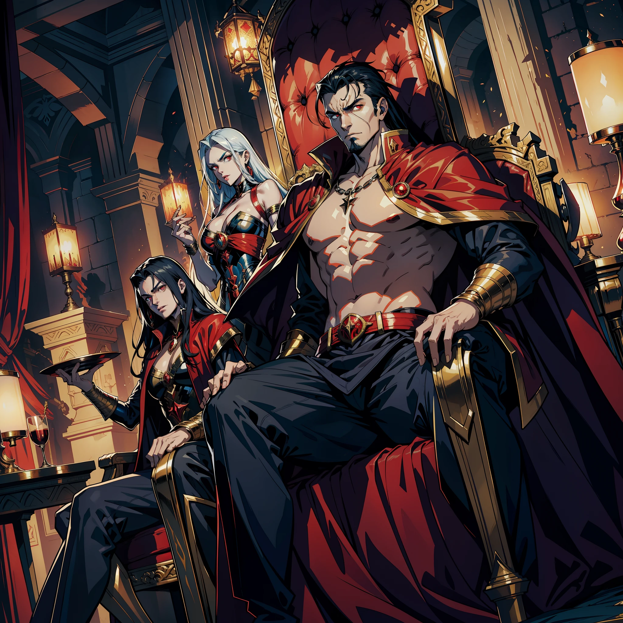 Marvel comics style Lord Dracula sitting on his big throne with his legendary Moroccan princesses next to him Read large scrolls with an angry red expression Bright Eyes Super Realistic Face