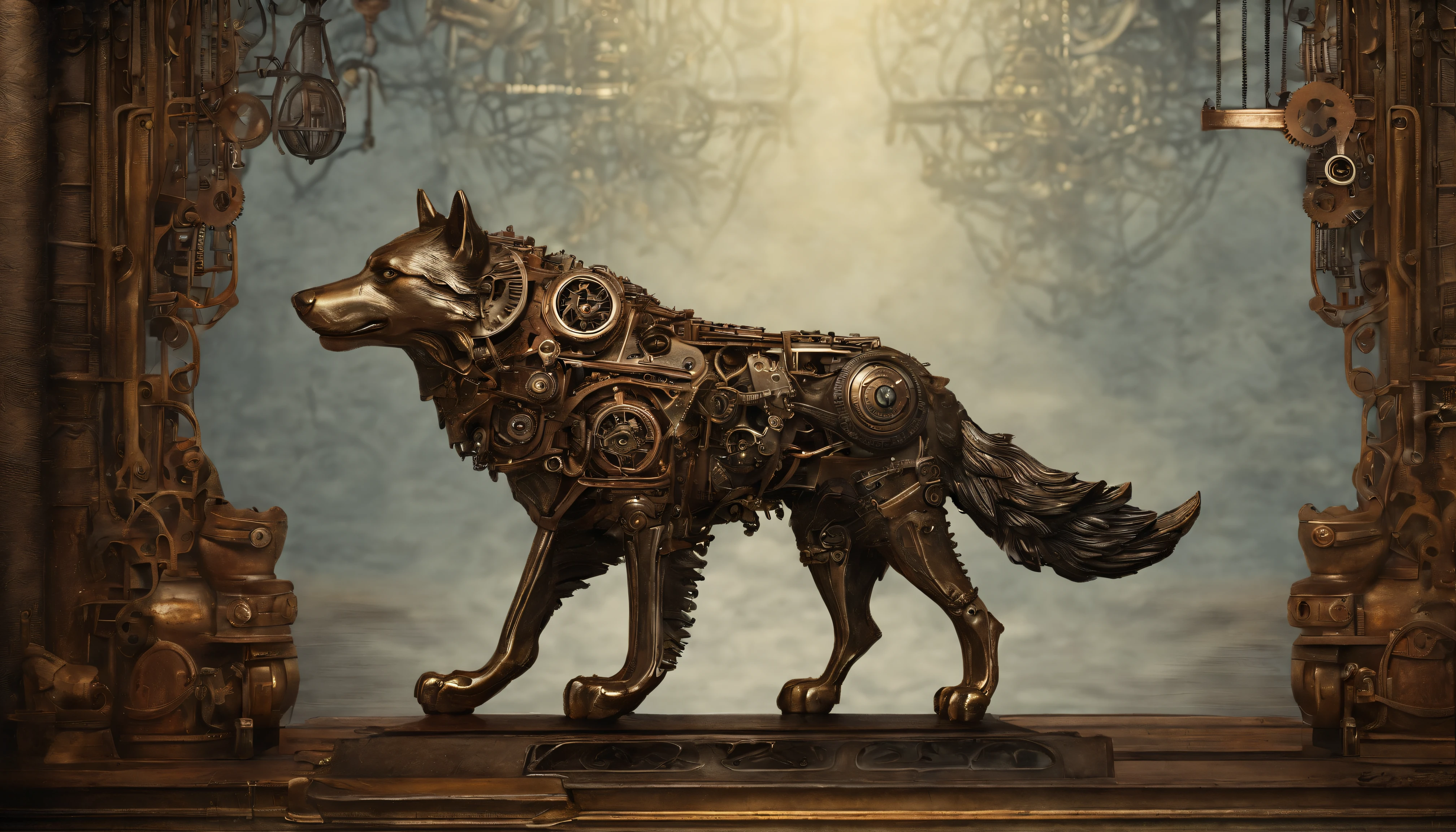 ultra realistic, homem atraente arrojado com cabelo vermelho brilhante, encarna o olhar como Constantino, Shadow creature standing behind him in the form of a wolf