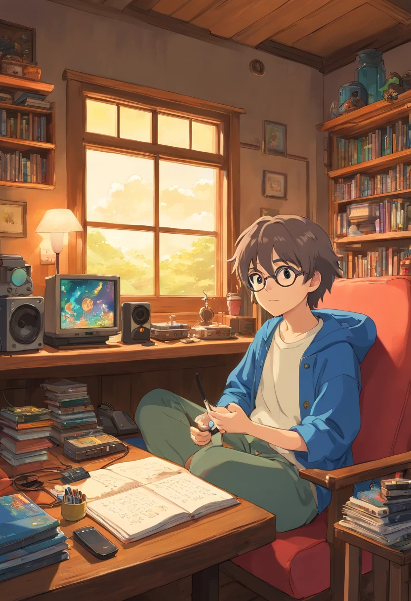 (master part) um menino (macho) estudando sentado em seu quarto, sobre sua mesa, com fones de ouvido ligados, nerd décor, videogame na parede, Posters, janela mostrando a lua e as estrelas, calmo, em paz, pensante, cinemactic, color grading, lindamente codificado por cores,