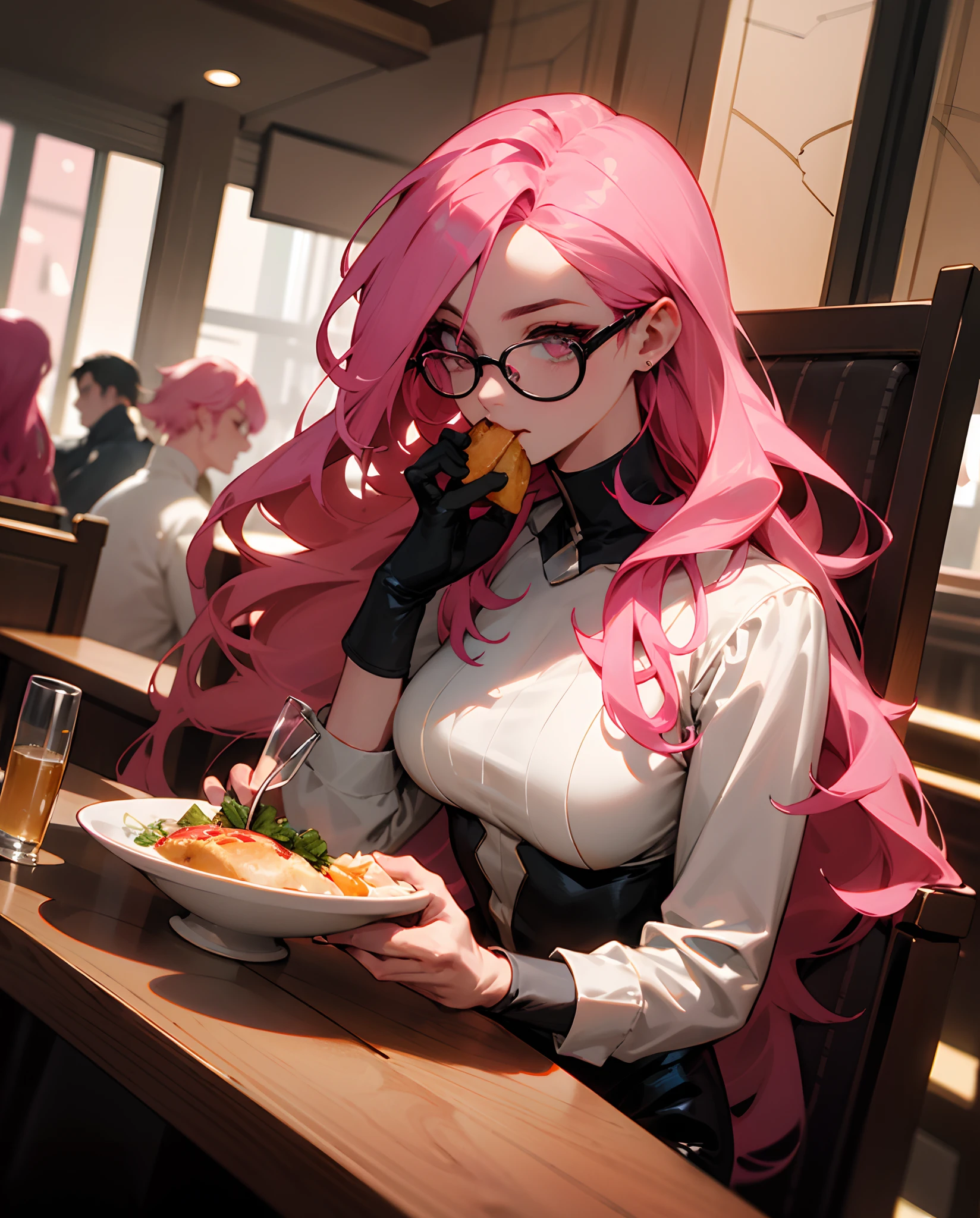 marvel comic panel woman with long bright pink hair and glasses with a tall man with black long hair facial hair and a strand of pink hair. at a restaurant eating dinner