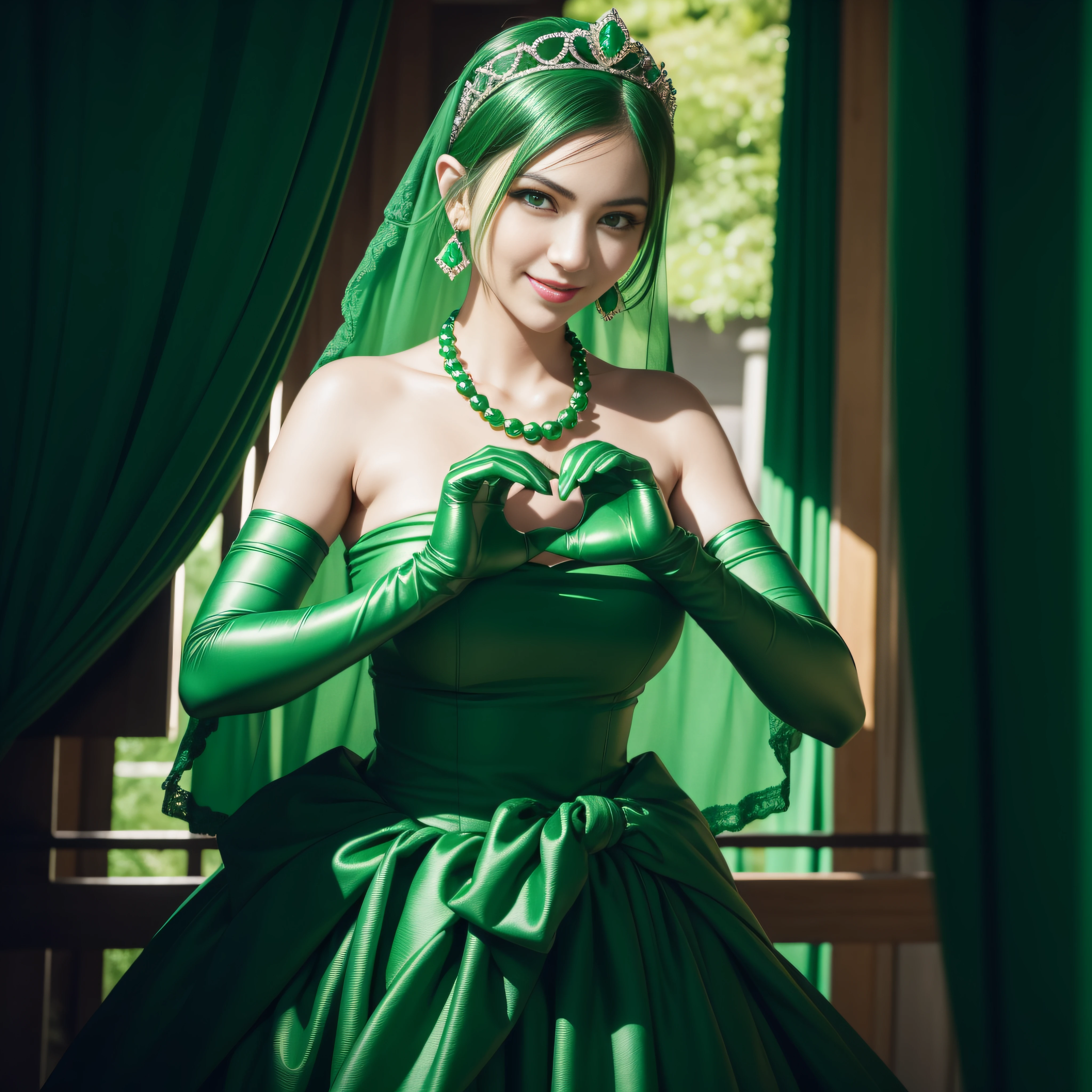 emerald tiara, Green Pearl Necklace, Boyish very short green hair, lipsticks, Japan woman smiling, very short short hair, big breasts beautiful, Green eyes, Long green gloves made of satin material, Green eyes, Emerald Earrings, green vale, Heart with both hands