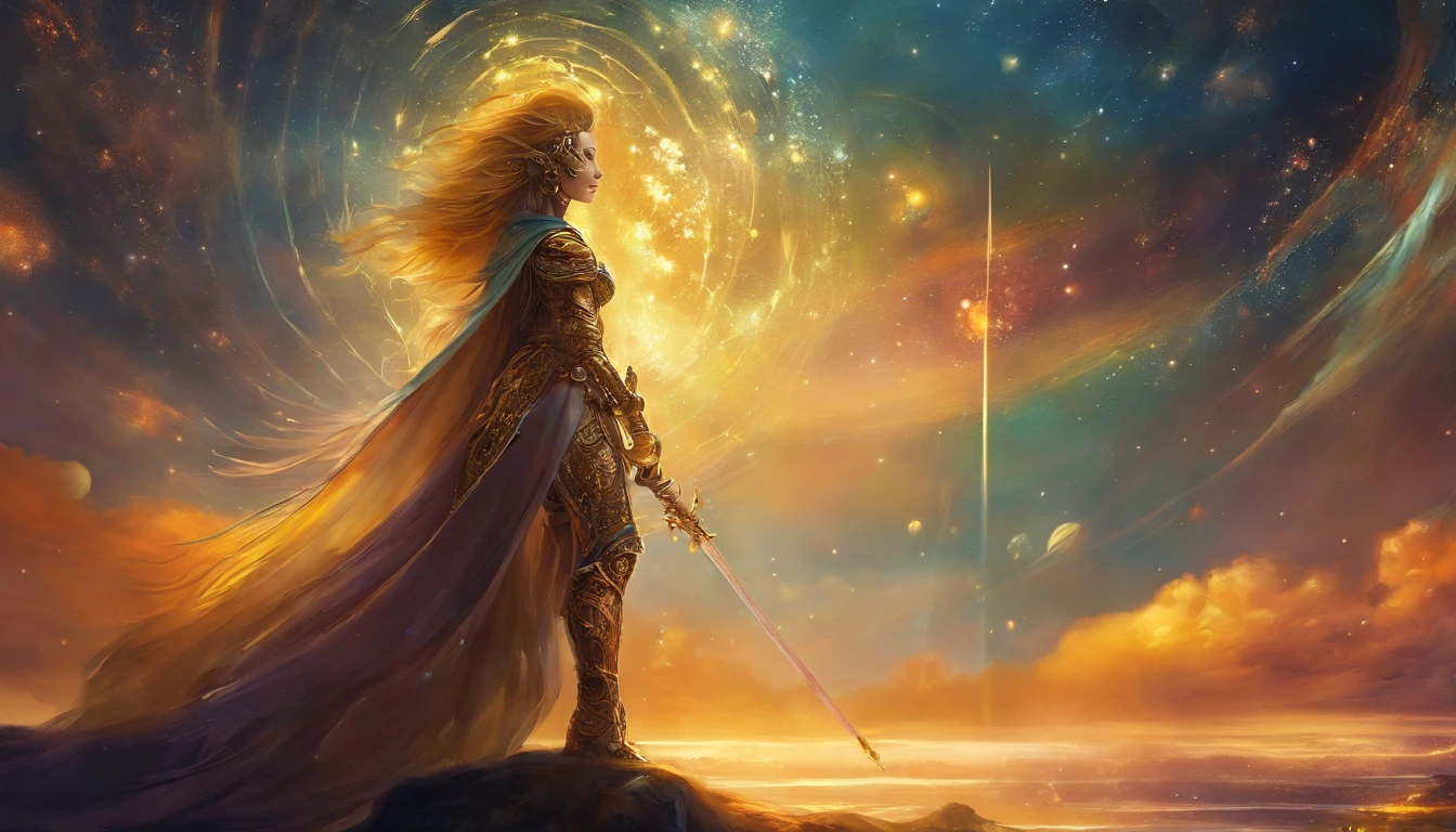 girl. godes holy. sword. golden armour. giant. space. cosmic