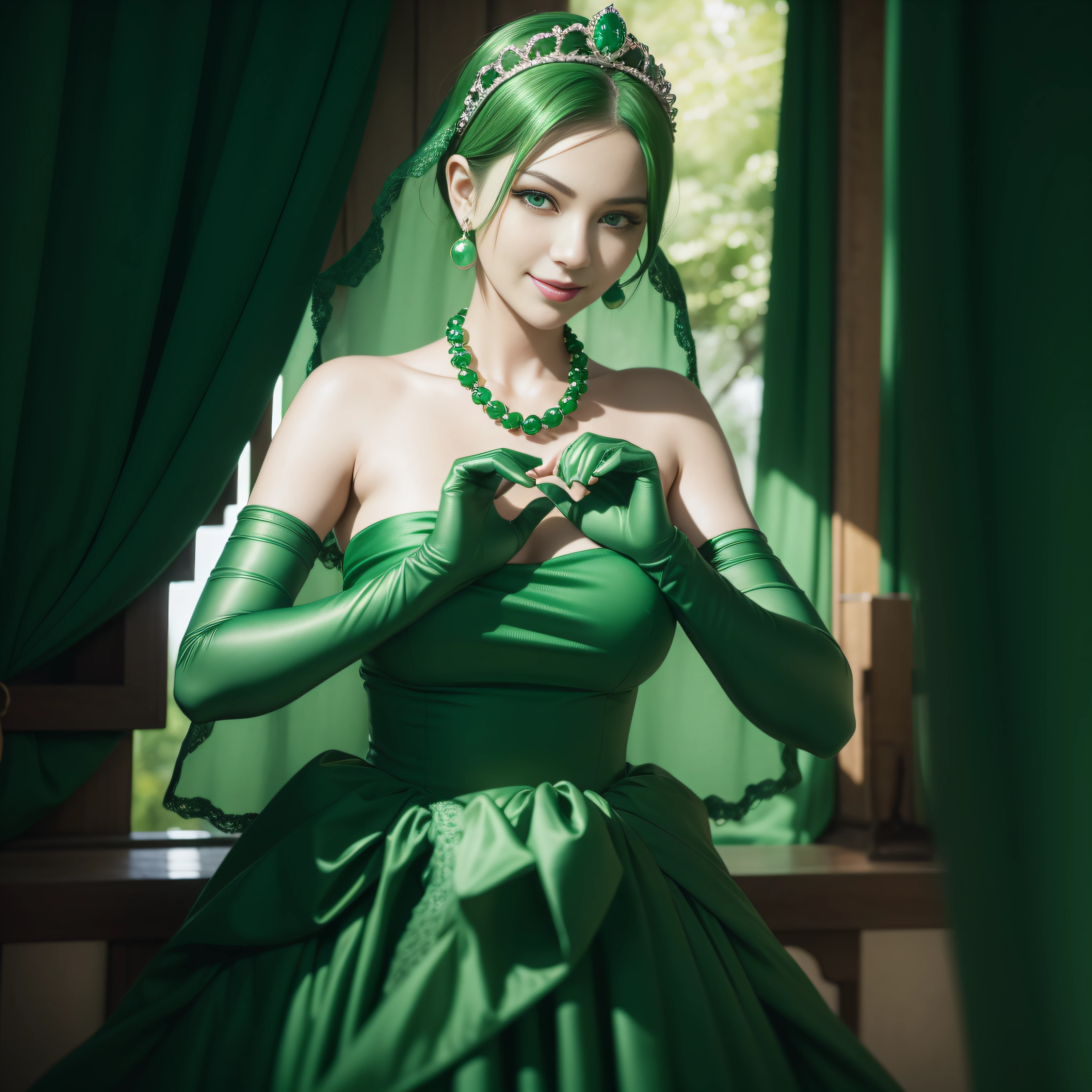 emerald tiara, Green Pearl Necklace, Boyish very short green hair, lipsticks, Japan woman smiling, very short short hair, big breasts beautiful, Green eyes, Long green gloves made of satin material, Green eyes, Emerald Earrings, green vale, Heart with both hands,Green hair
