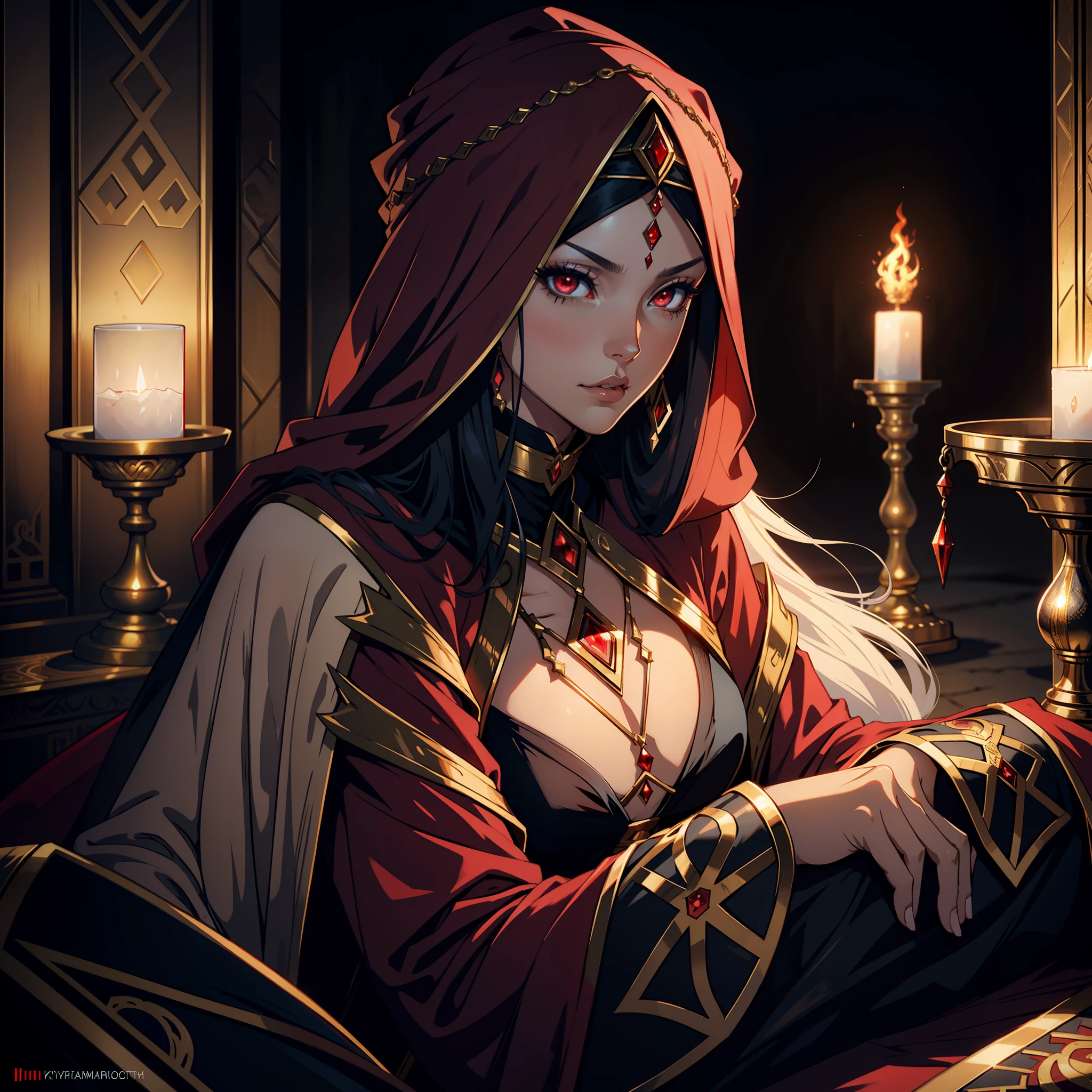 Castlevania Super Realistic Shadow Lord Super Detailed Dynamic Shot Of Very Beautiful Arabian Princess With A Turban Hokuto Arabian Red With Moroccan Caftan Portrait Zoom Sexy Face Sexy Eyes Sexy Mouth glowing crystal red eyes