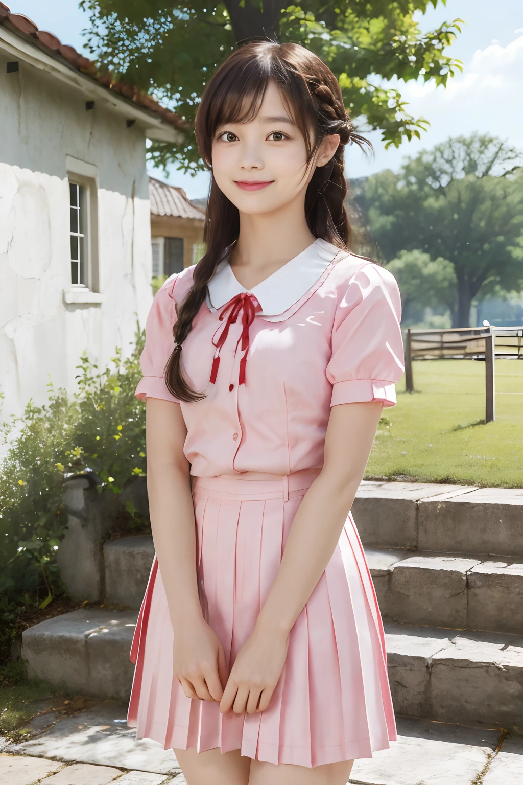 masterpiece, best quality, highres, chi1, 1girl, long hair, braid, one side up, solo, white skirt, red ribbon, pink shirt, pleated skirt, bangs, neck ribbon, puffy short sleeves,  cowboy shot, outdoors, smile, stair, tree, building,