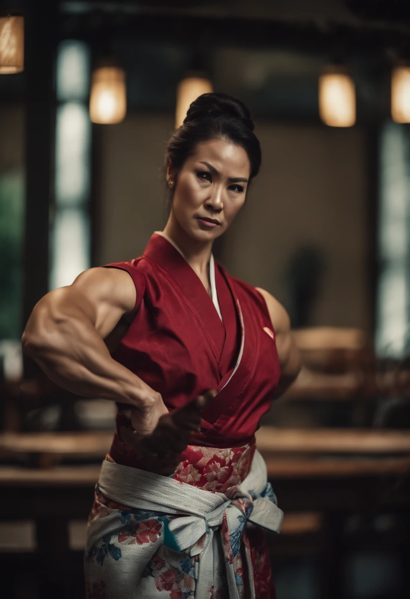 ((Massive Muscular body type woman,)) ((massive biceps)), in a yukata, ((massive body on steroids))
