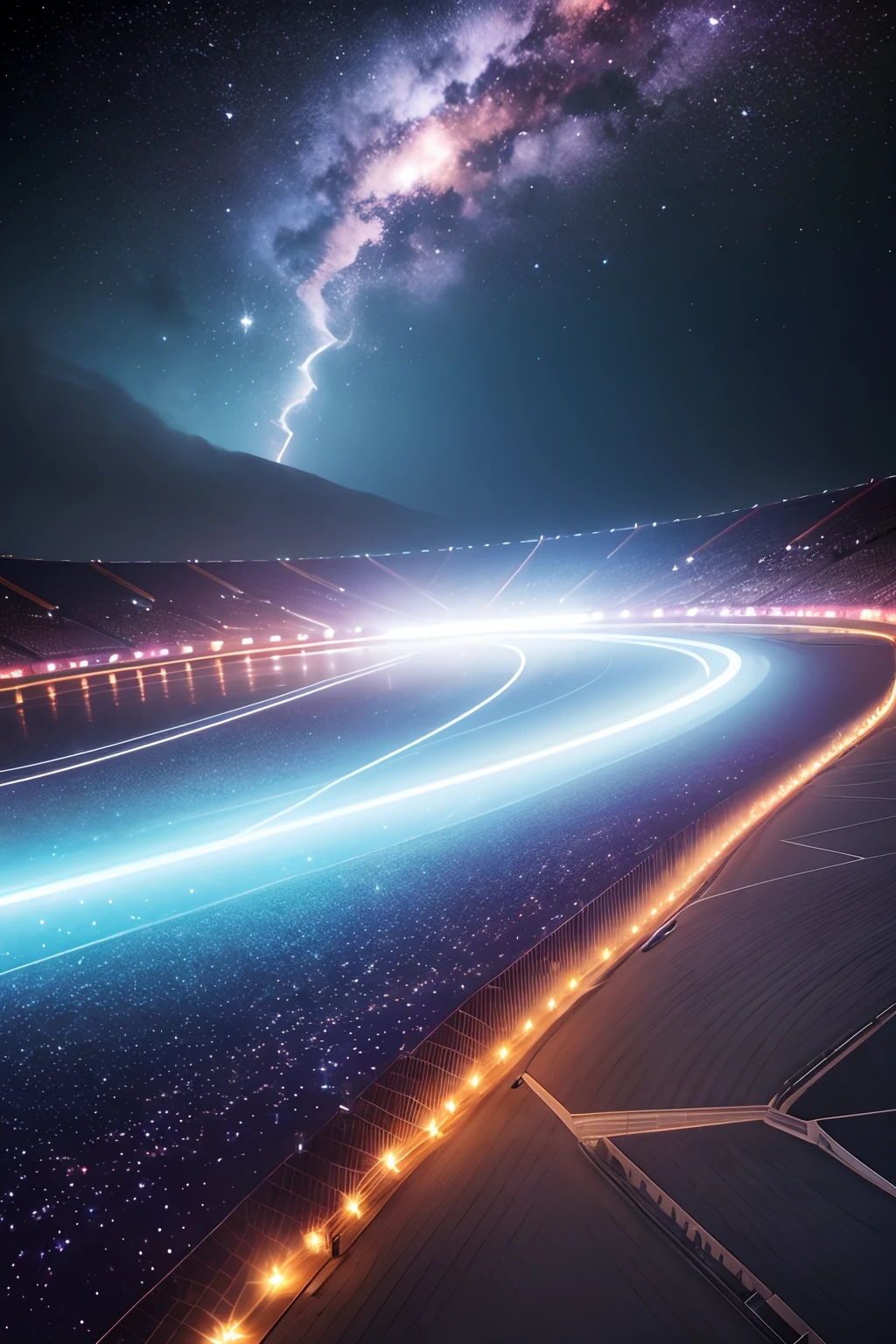 A vibrant world like a sparkling universe. Imagine an atmosphere that reflects the brilliance and vastness of the universe. Large Velodrome decorated with dazzling lights in the background,Many twinkling stars in the distance, Eta、Pale thick lightning falling straight from heaven,