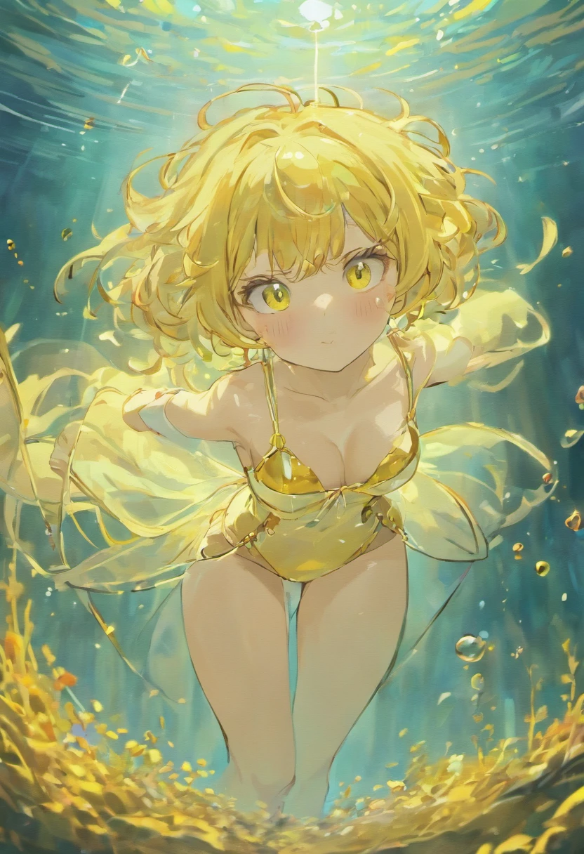Submarine Shell House Flying Hair, colorful bubble, a plant, glinting, ocean floor ( Reasonable design, Clear lines, High Sharpness, Best Quality, Very detailed, masutepiece, Movie Light Effects, 4K ) Woman, Solo, Long hair, Smile, Under the breasts, gold blonde hair, Hair straight and messy, frizzy hair, Yellow gold colored eyes, full bodyesbian, Horse ears、Lori、Sheer underwear
