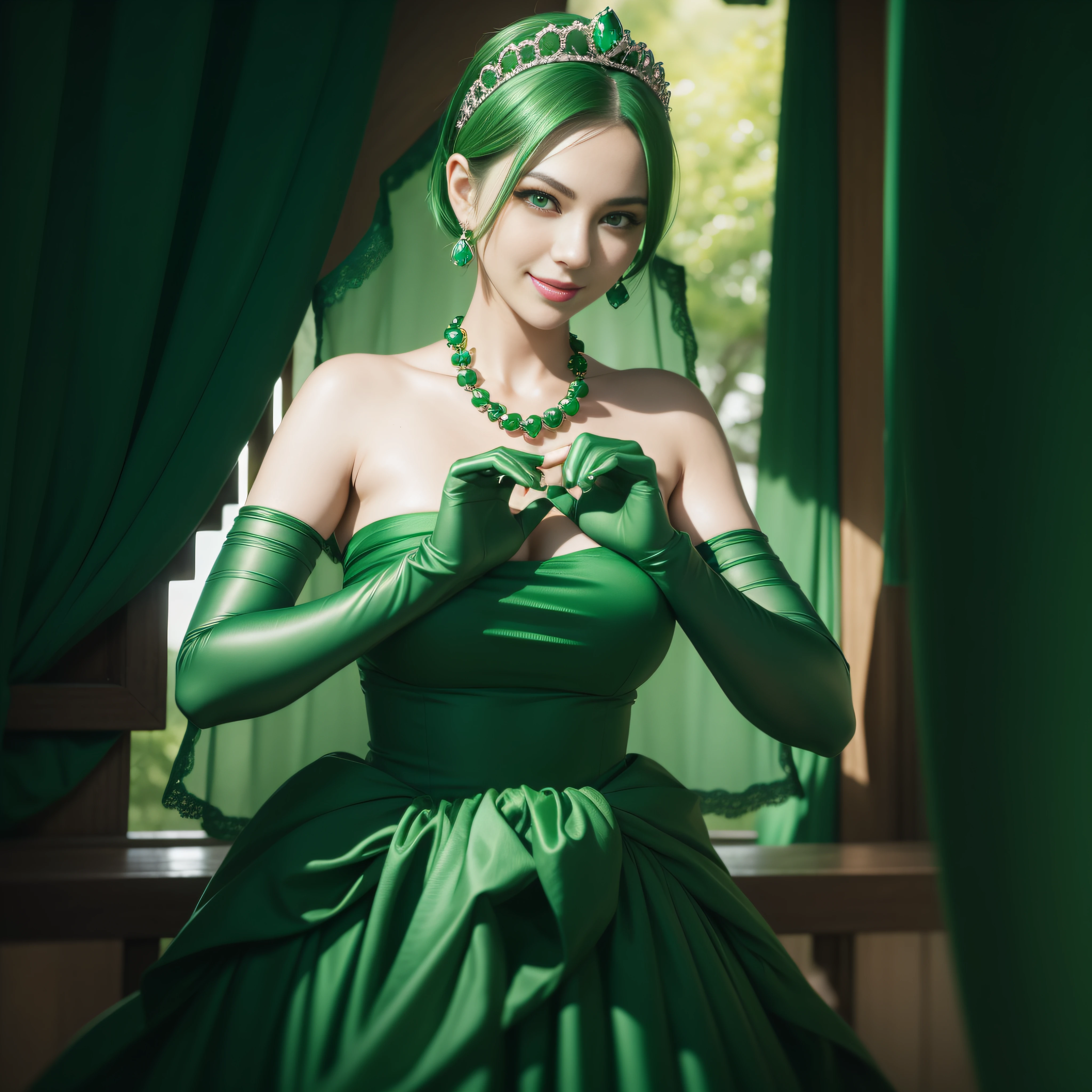 emerald tiara, Green Pearl Necklace, Boyish very short green hair, lipsticks, Japan woman smiling, very short short hair,  big breasts beautiful, Green eyes, Long green gloves made of satin material, Green eyes, Emerald Earrings, green vale, Heart with both hands