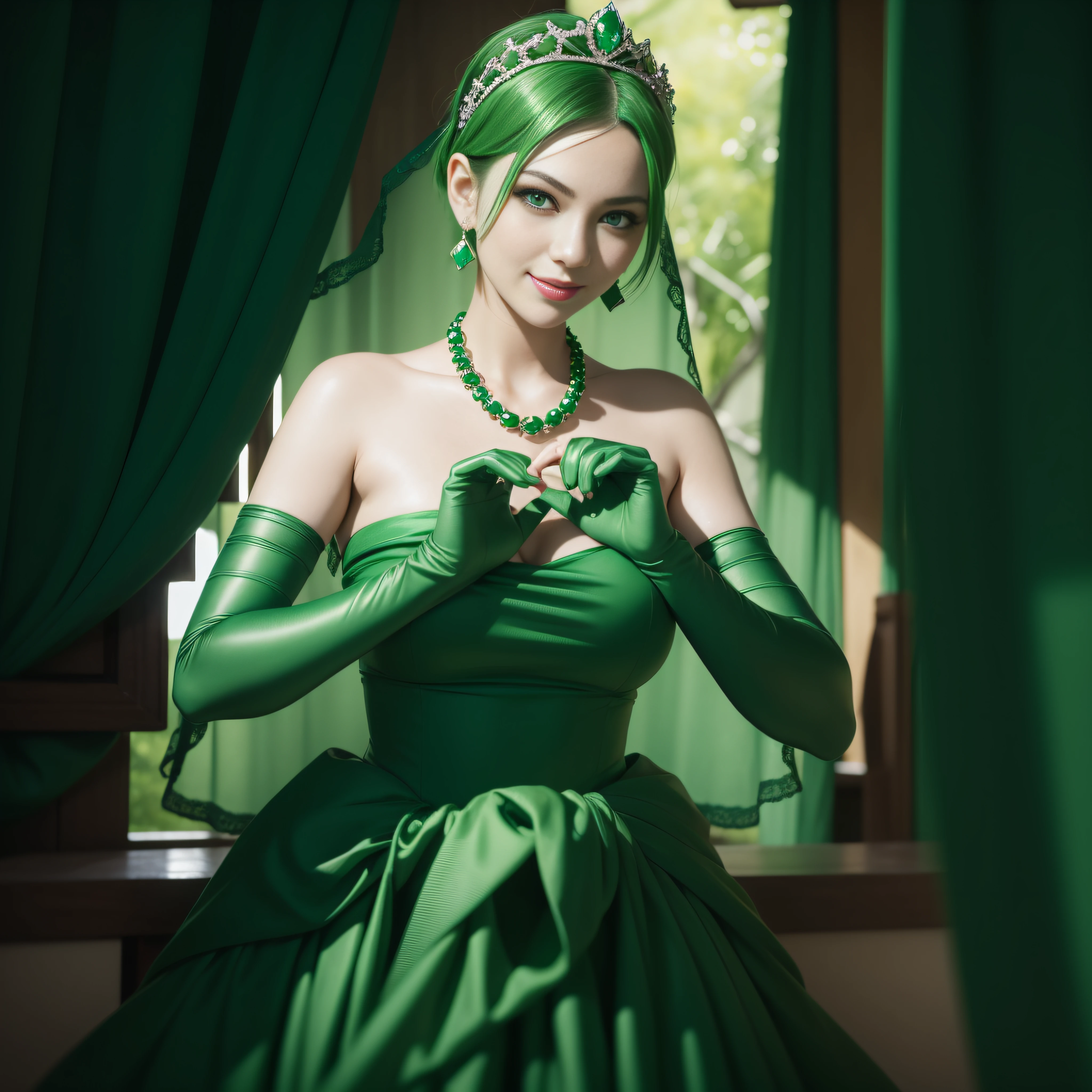 emerald tiara, Green Pearl Necklace, Boyish very short green hair, lipsticks, Japan woman smiling, very short short hair, big breasts beautiful, Green eyes, Long green gloves made of satin material, Green eyes, Emerald Earrings, green vale, Heart with both hands,Green hair