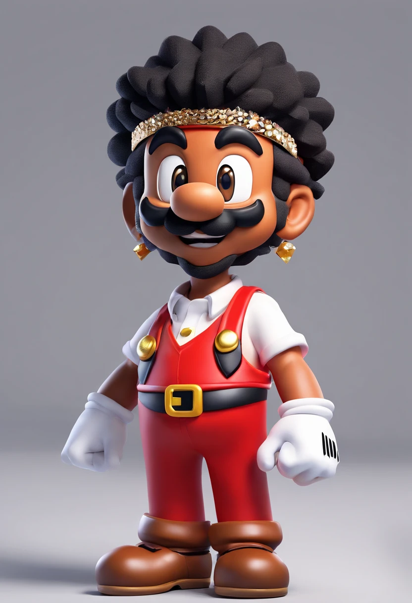 (Black man with black dreadlocks and diamond teeth), character design, Nintendo Super Mario, (brown eyes, red hat, red suit, black suspenders, white gloves, )super cute blind box style, chibi, full body, exaggerated expressions and actions, clean background, bright iridescent highlights, studio lighting, atmospheric lighting, with exquisite texture, high detail, high resolution, c4d, 3D, Blender, 8k, best quality, ultra high definition