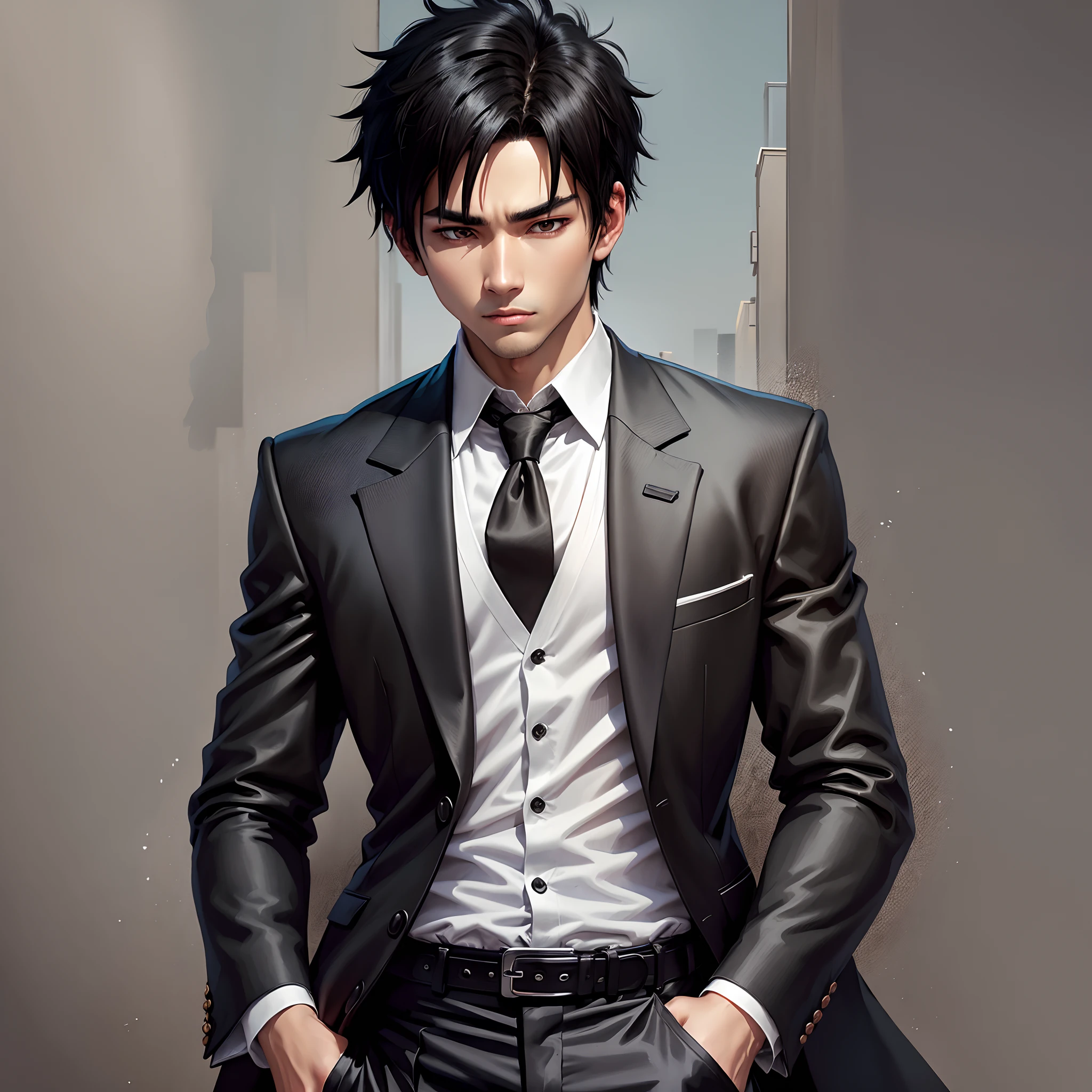 A young man with Brown eyes and spiky black hair wearing a black suit with a white blouse underneath and pants with a belt, illustration, Inspired by eiichiro oda --auto --s2