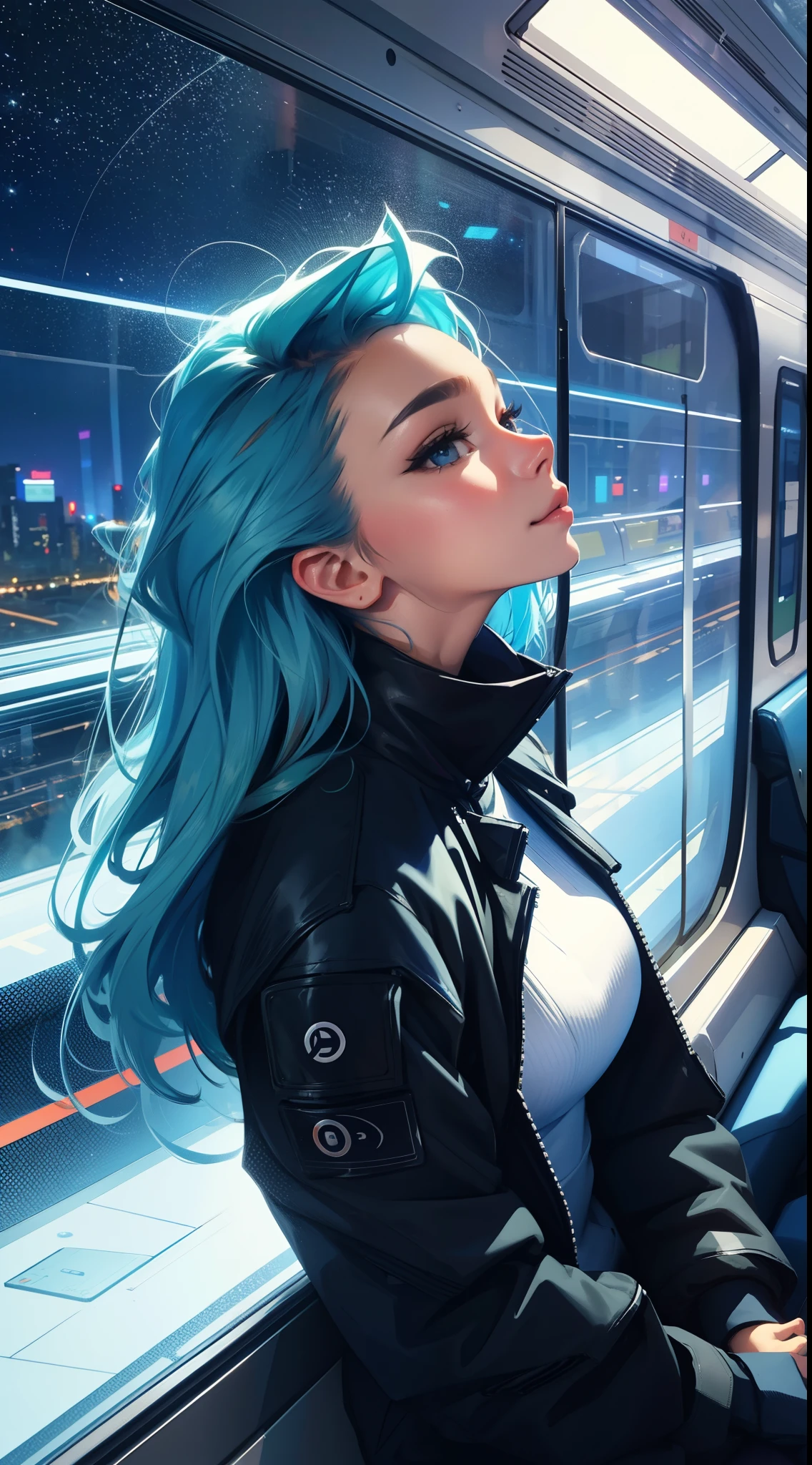 train du futur, Cyberpunk,  sitting by the window,  pose pensives, Look at the stars, Head glued to the glass, Landscape passing by at high speed, voyage de nuit, beautiful starry sky, Une belle fille avec, UHD Portrait, (High quality) (ultra details) Regarder le spectateur en tenue de ville de style hip-hop; different, colourfull, cheveux longs bleu 🍏 colourfulls 🌈