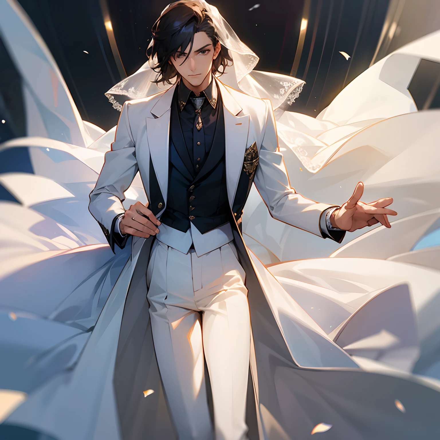 A man in a suit, Top of the Dress Suit, Six wedding dresses