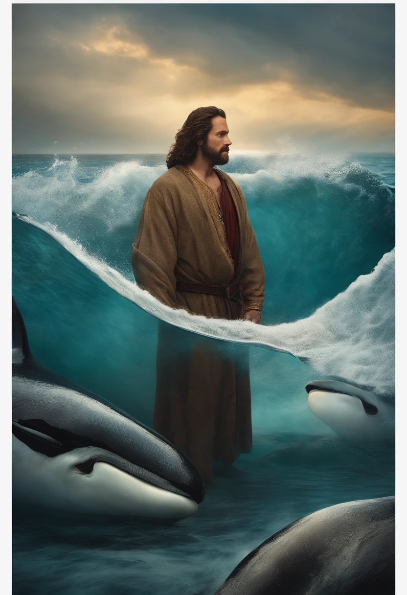 Generate an image of Jonas, the biblical character, portrayed as an adult in the story of 'Jonas and the Whale.' Emphasize Jonas's expression as he reflects on his situation, finding himself inside the whale's belly, symbolizing his spiritual journey and repentance."