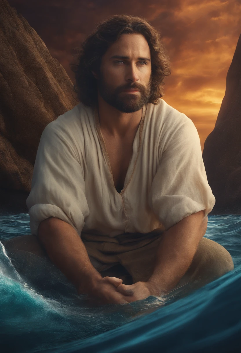 Generate an image of Jonas, the biblical character, portrayed as an adult in the story of 'Jonas and the Whale.' Emphasize Jonas's expression as he reflects on his situation, finding himself inside the whale's belly, symbolizing his spiritual journey and repentance."