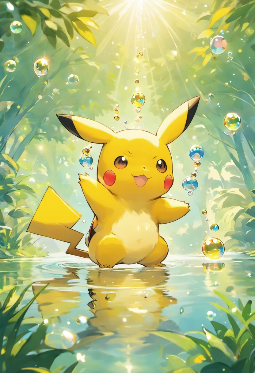 A touching scene in ultra-high definition 3D showcasing Pikachu with dreadlocks and money bags making a wish beside a tranquil lake. Pikachu with dreadlocks and gold teeth, beautifully rendered in detail, is seen gently blowing bubbles into the air, each one carrying a hopeful wish. The bubbles catch the reflection of the setting sun, creating a dreamy, magical effect. The overall atmosphere is tender, filled with hope and serenity skulls
