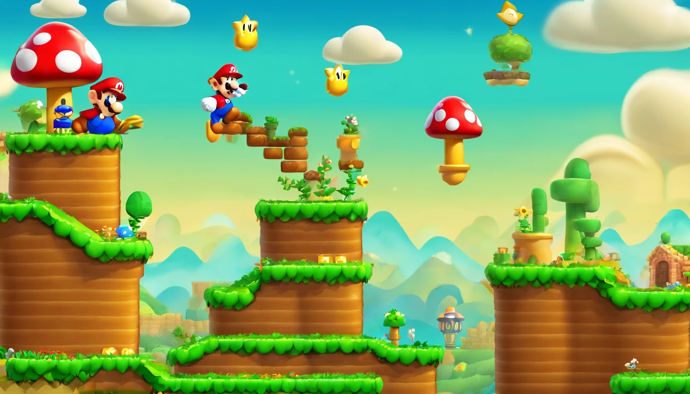 a vibrant 2d platform levels,new super mario bros,HDR,high quality,highly detailed