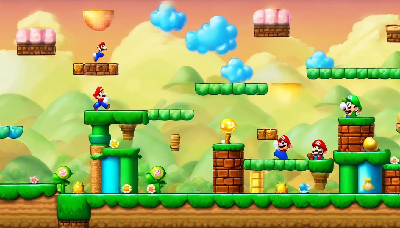a vibrant 2d platform levels,new super mario bros,HDR,high quality,highly detailed