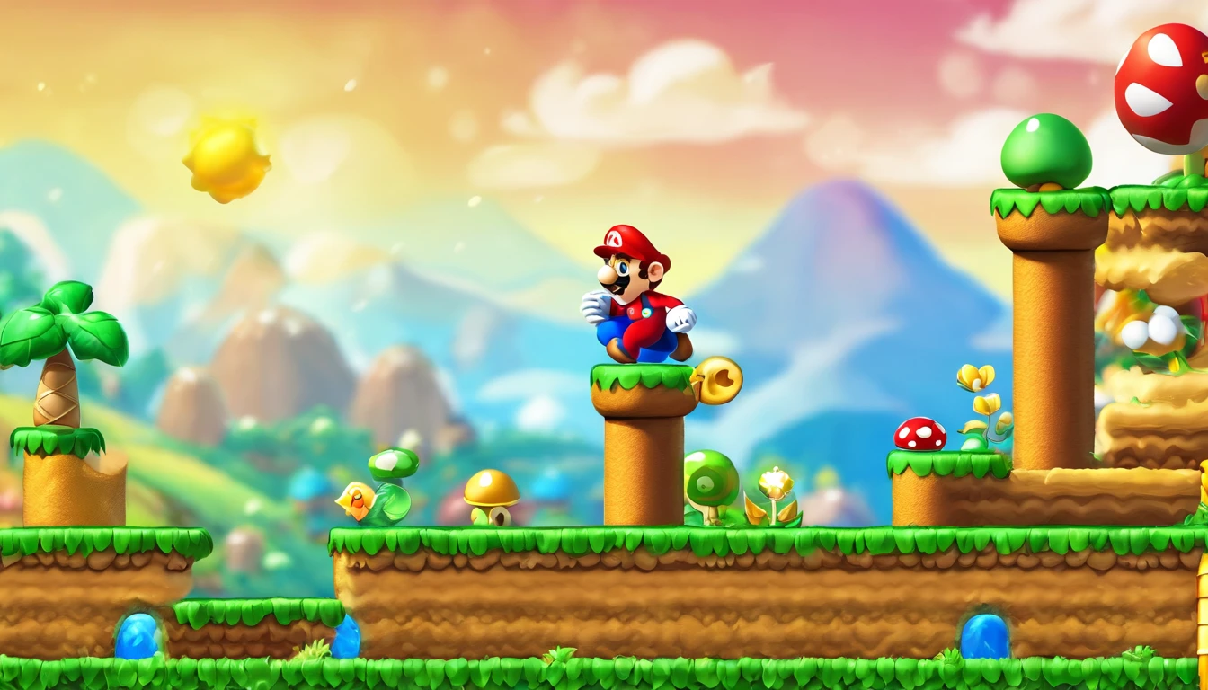 a vibrant 2d platform levels,new super mario bros,HDR,high quality,highly detailed, snow level