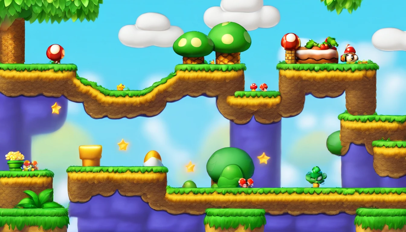 a vibrant 2d platform levels,new super mario bros,HDR,high quality,highly detailed, snow level