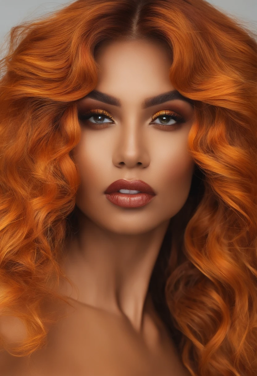 de pele parda, cabelo vermelho com mechas loiras, olhos amarelos