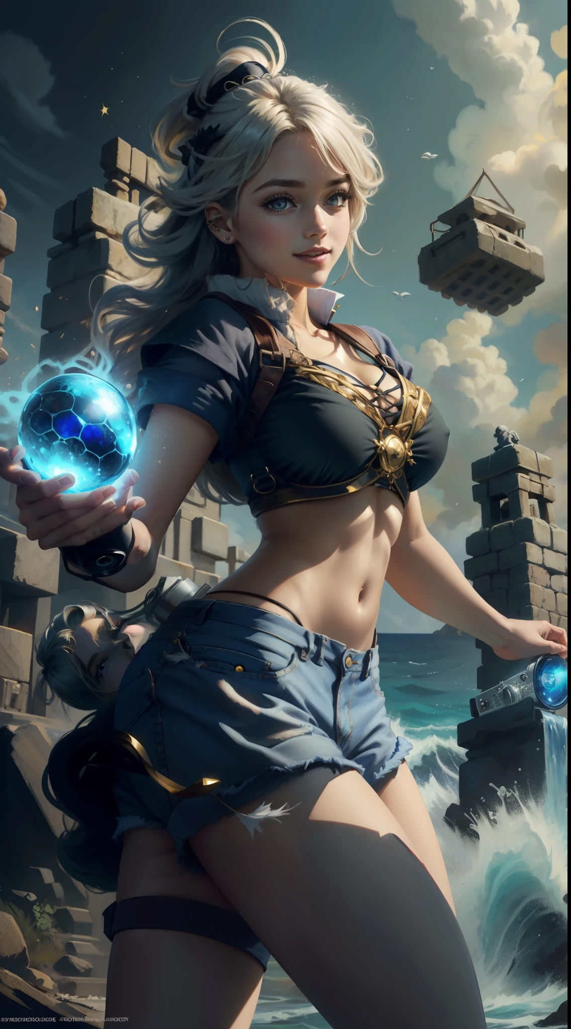 Foco Nitido, (obra-prima), (bem desenhado), arte, feixes de luz, pontos de luz, camera de baixo para cima, Personagem feminina, Jovem Garota Adolescente, Abdomên, Cabelos Roxos, Long messy hair, black cap, Shorts Denim Jeans, Camisa Underboob Curta, Grandes Peitos, Grande Raba, Sorriso Sedutivo, Pele Divina, Olhos Roxos E Brilhantes, Soada, Em Frente A Uma Estatua Pichada, Pose Sexy.