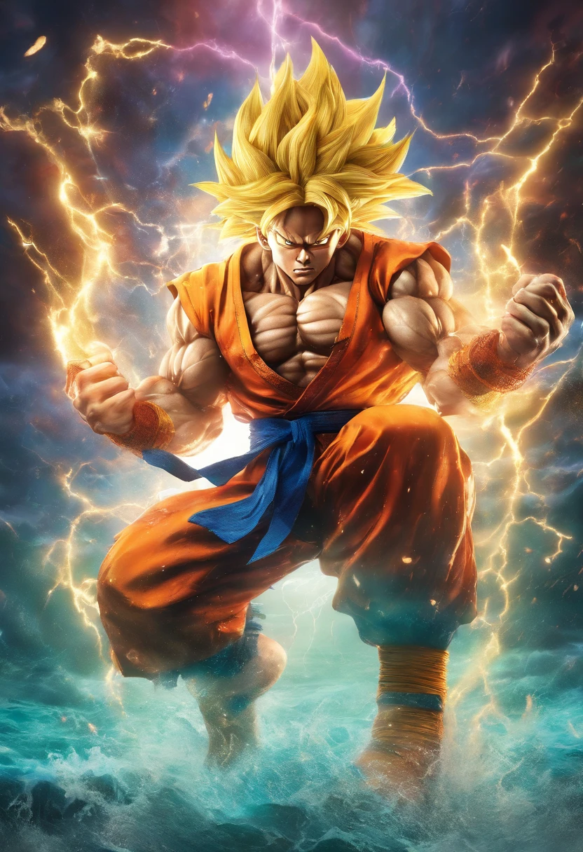 realistic 3d rendering of goku super saiyan with dreadlocks fused aquaman, surrounded by lightning, big muscular, full body photography, hyperrealistic, money bags