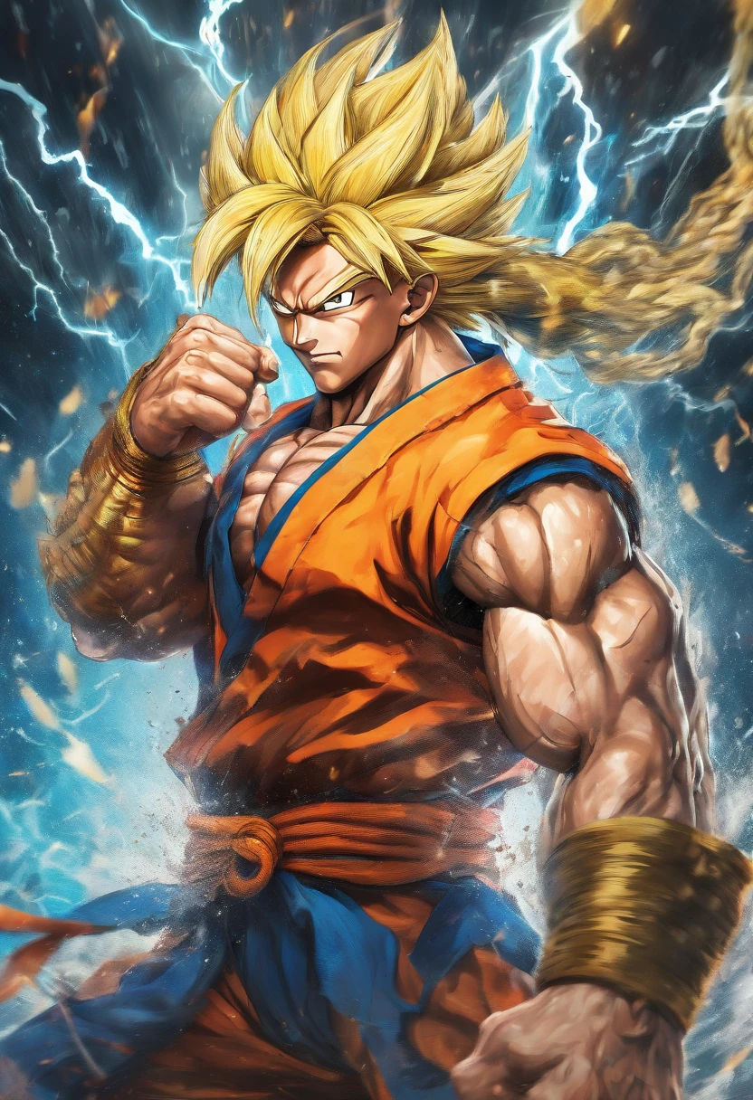 realistic 3d rendering of goku super saiyan with dreadlocks fused aquaman, surrounded by lightning, big muscular, full body photography, hyperrealistic, money bags