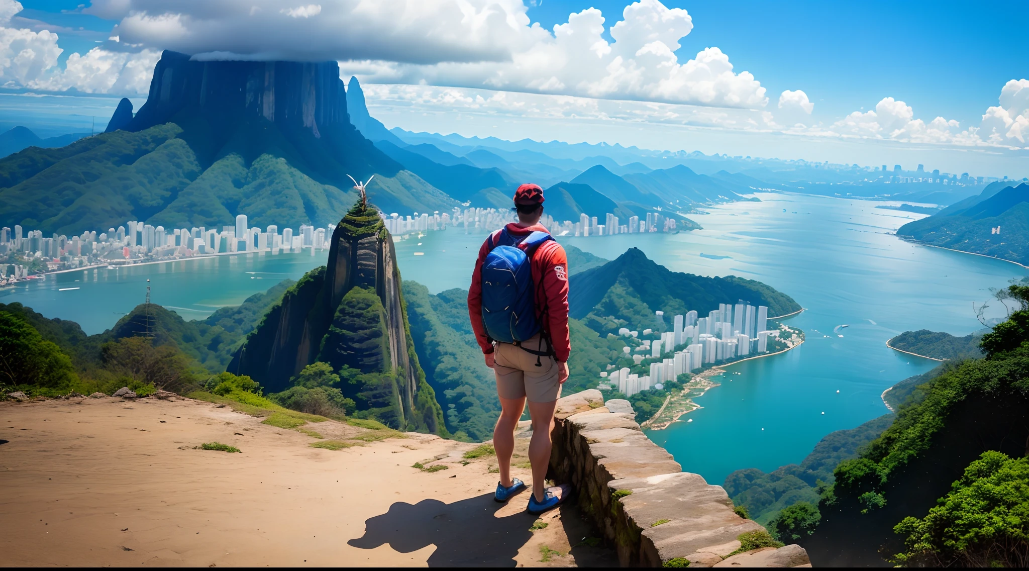 Um homem sentado em cima do corcovado observando o rio de Janeiro