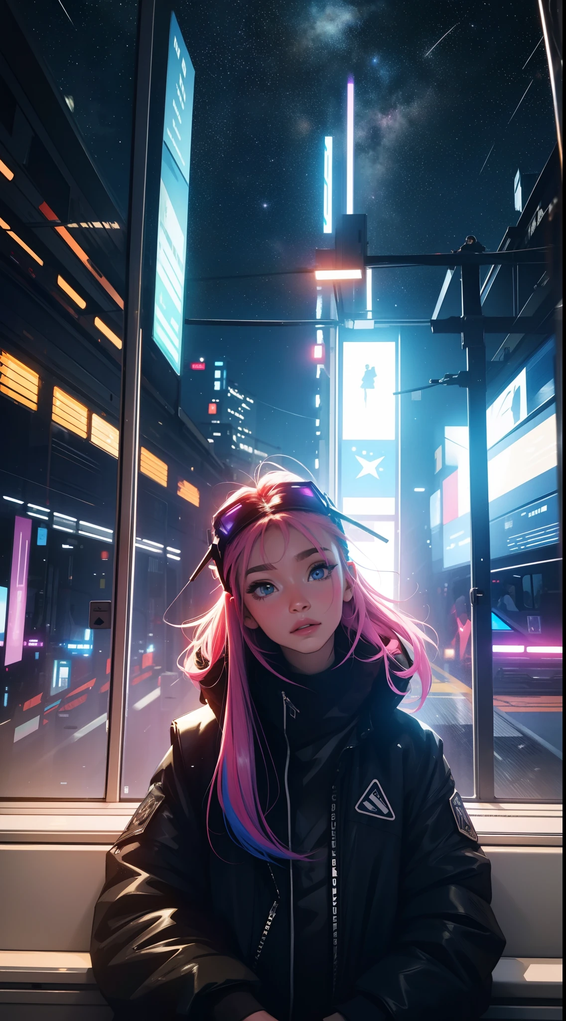 train du futur, Cyberpunk, debout  pose active, Look at the stars, Head glued to the glass, Landscape passing by at high speed, voyage de nuit, beautiful starry sky, Une belle fille avec, UHD Portrait, (High quality) (ultra details) Regarder le spectateur en tenue de ville de style hip-hop; different, colourfull, colored  long hair 🌈