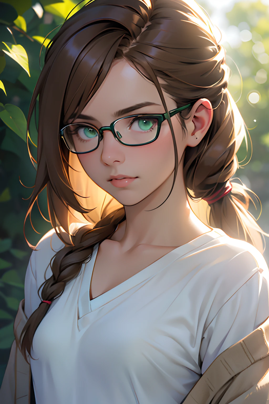 (best quality, high-res, ultra-detailed), upper body portrait, 25-year-old woman, mature face, neutral expression, glasses with green eyes, t-shirt, cardigan, ponytailed long brown hair, angled shot, natural lighting, soft colors, subtle bokeh, (small breasts)