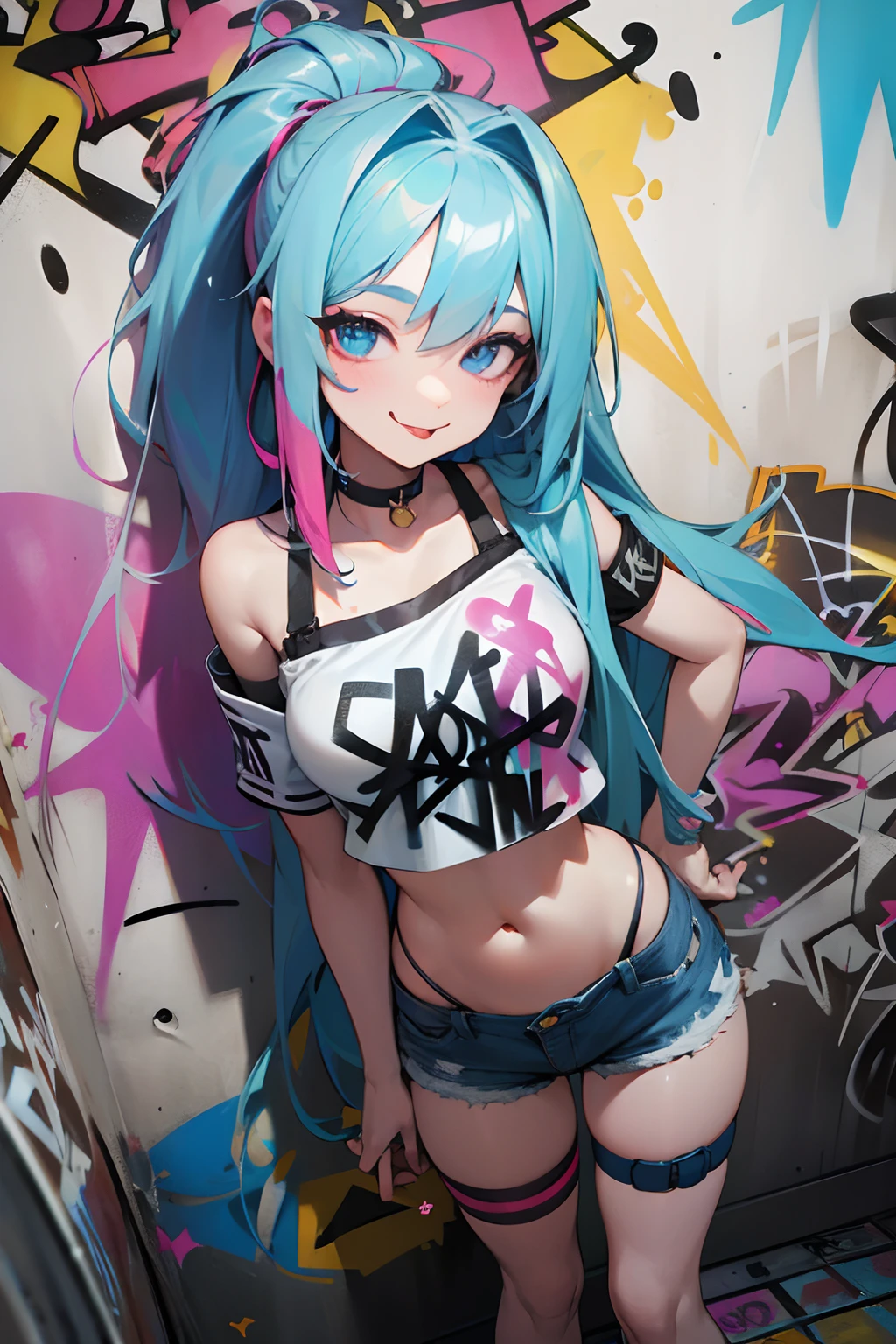 (masterpiece), best quality, (Professional Photography:1.2), (High Definition:1.3), from above,1girl, cute age girl, Tattered crop top, denim shorts, choker, (graffiti:1.5), very messy long hair, paint splatter, against wall,, armband, thigh strap, (paint on body), head tilt, (evil smile, tongue out), multicolored hair, (sparkle eyes), headset, pale blue