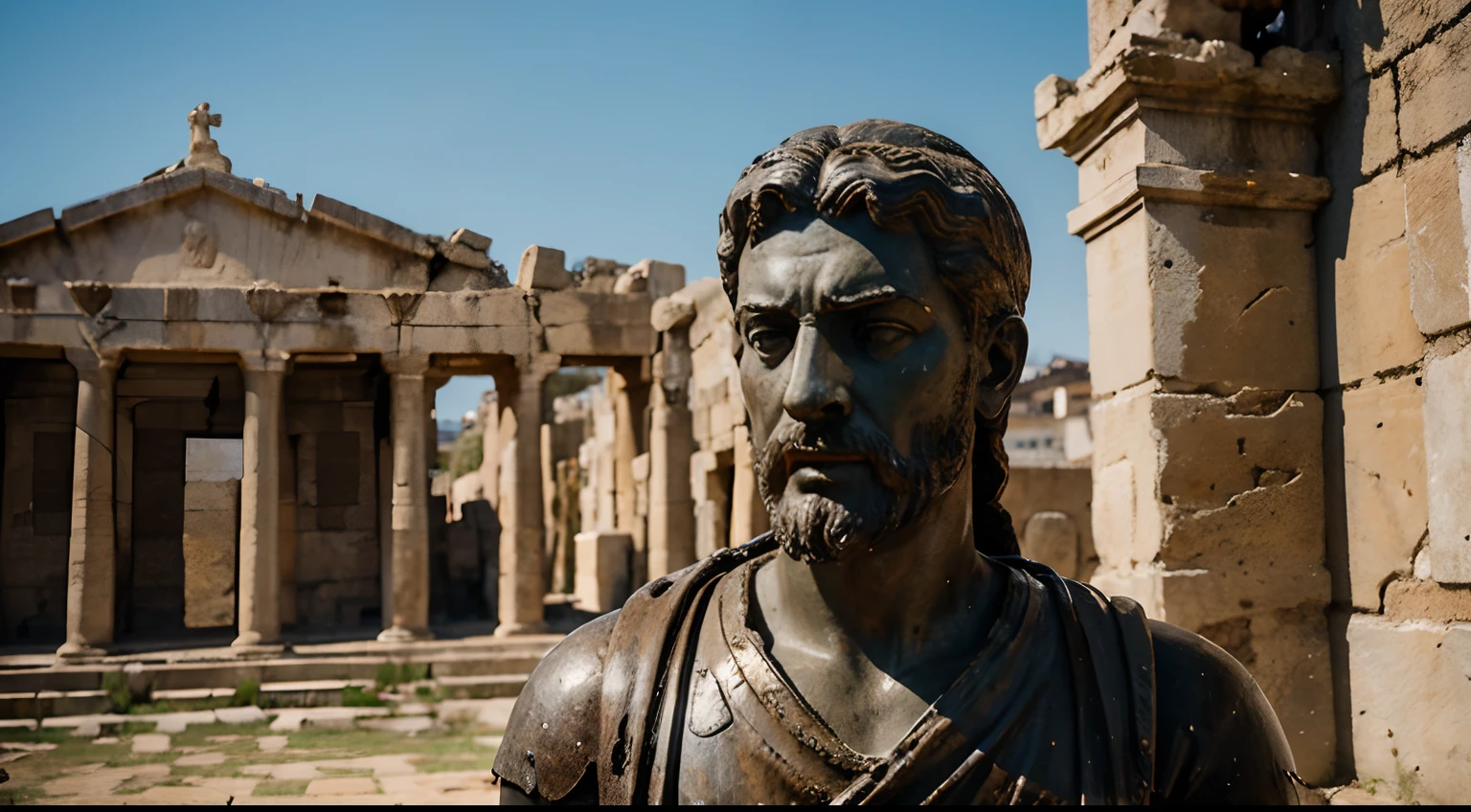 Ancient Stoic Statue With Very Angry Expression, tem barba, muitos detalhes em ambos os olhos, Outside, fundo atenas grego, open sky, com rosto extremamente detalhado full body view, Colors with low saturation with dark tone, Filmado em Sony A7S III com Sony FE 35mm f/1.8, 12.1 MP, --AR 3:2 --estilo cru