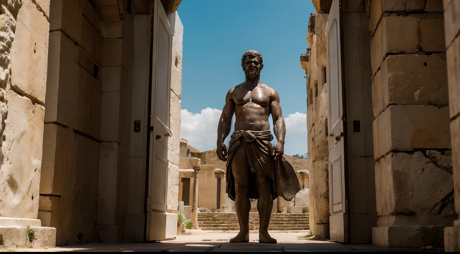 Ancient Stoic Statue With Very Angry Expression, tem barba, muitos detalhes em ambos os olhos, Outside, fundo atenas grego, open sky, com rosto extremamente detalhado full body view, Colors with low saturation with dark tone, Filmado em Sony A7S III com Sony FE 35mm f/1.8, 12.1 MP, --AR 3:2 --estilo cru
