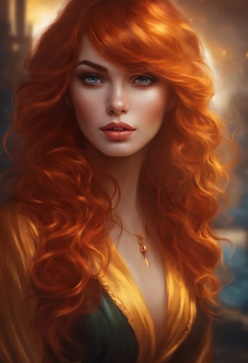 Menina de pele parda, cabelos vermelhos com mechas loiras, com olhos amarelos, estilo boku no hero