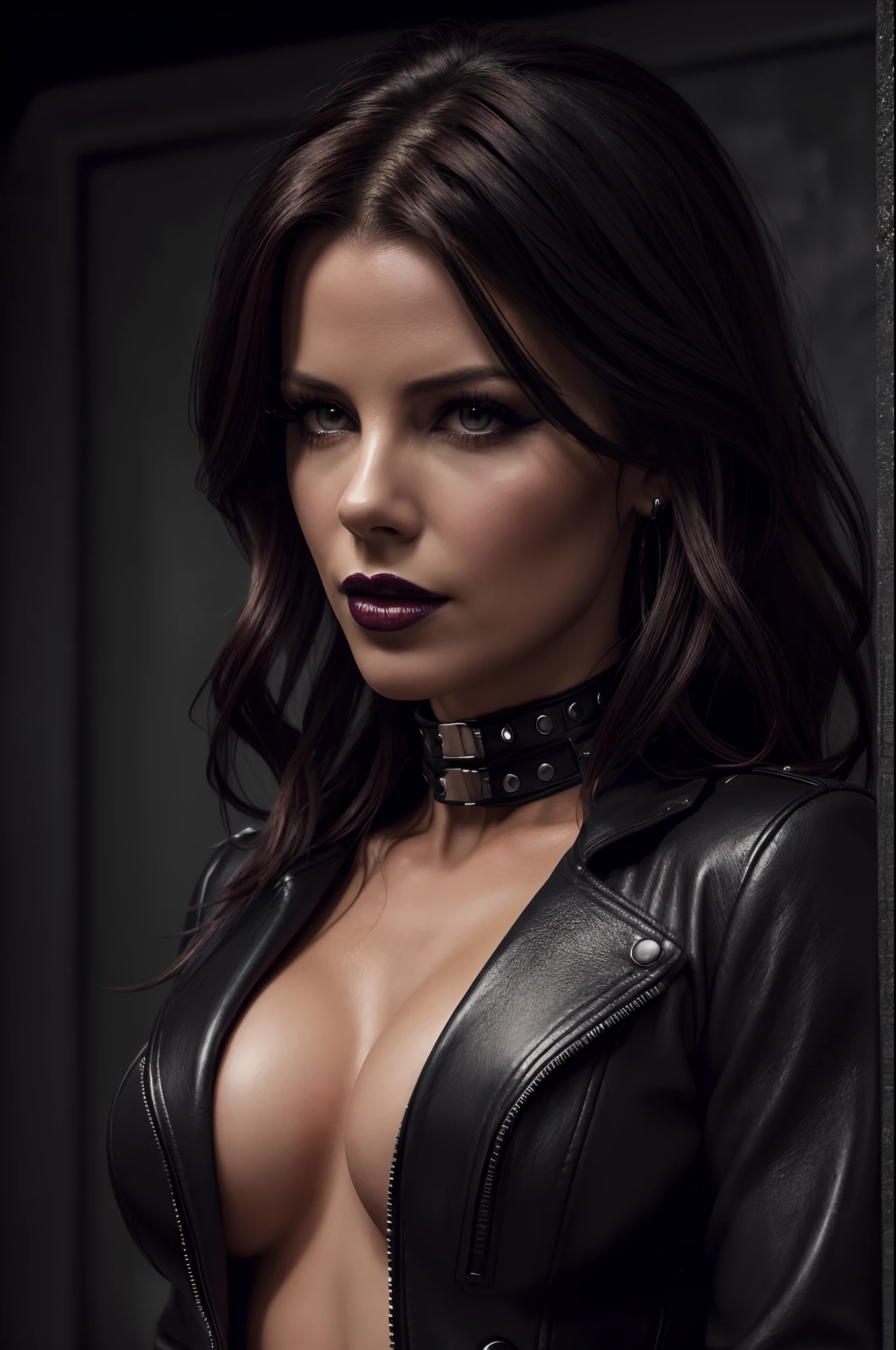 (best quality, highres, ultra-detailed, realistic:1.37), Kate Beckinsale posing for a photo, beautiful female punk, gothic top model, dark piercing eyes, extremely detailed eyes and face, beautiful detailed lips, long eyelashes, nasty gaze, aggressive look, Lilith, corpsepaint, gothcore, intense gothic atmosphere, black leather jacket, spiked collar, heavy eye makeup, dark lipstick, confident posture, standing tall, vibrant colors with a dark undertone, film noir style.