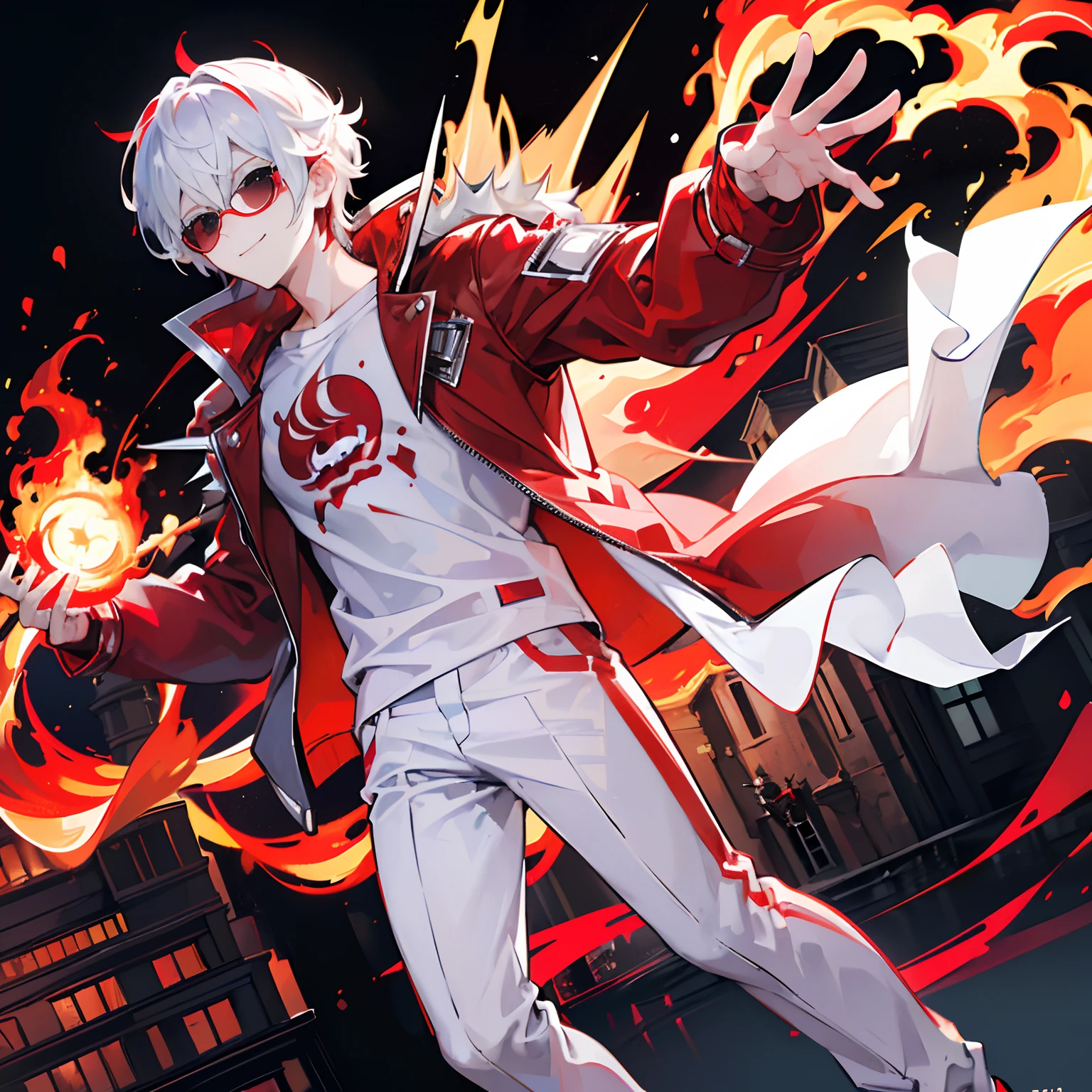 (masterpiece),(top-quality),(best quality,4k,8k,high),(Character as the main point of view),(full body),1boy,((white)) ((spiky)) hair,eyes covered with ((red)) sunglasses,((Right)) hand and ((Right)) side of face covered by flames,(Smiles),((Red)) jacket,((Black)) T-shirt,((Red)) pants,On top of building,(night).
