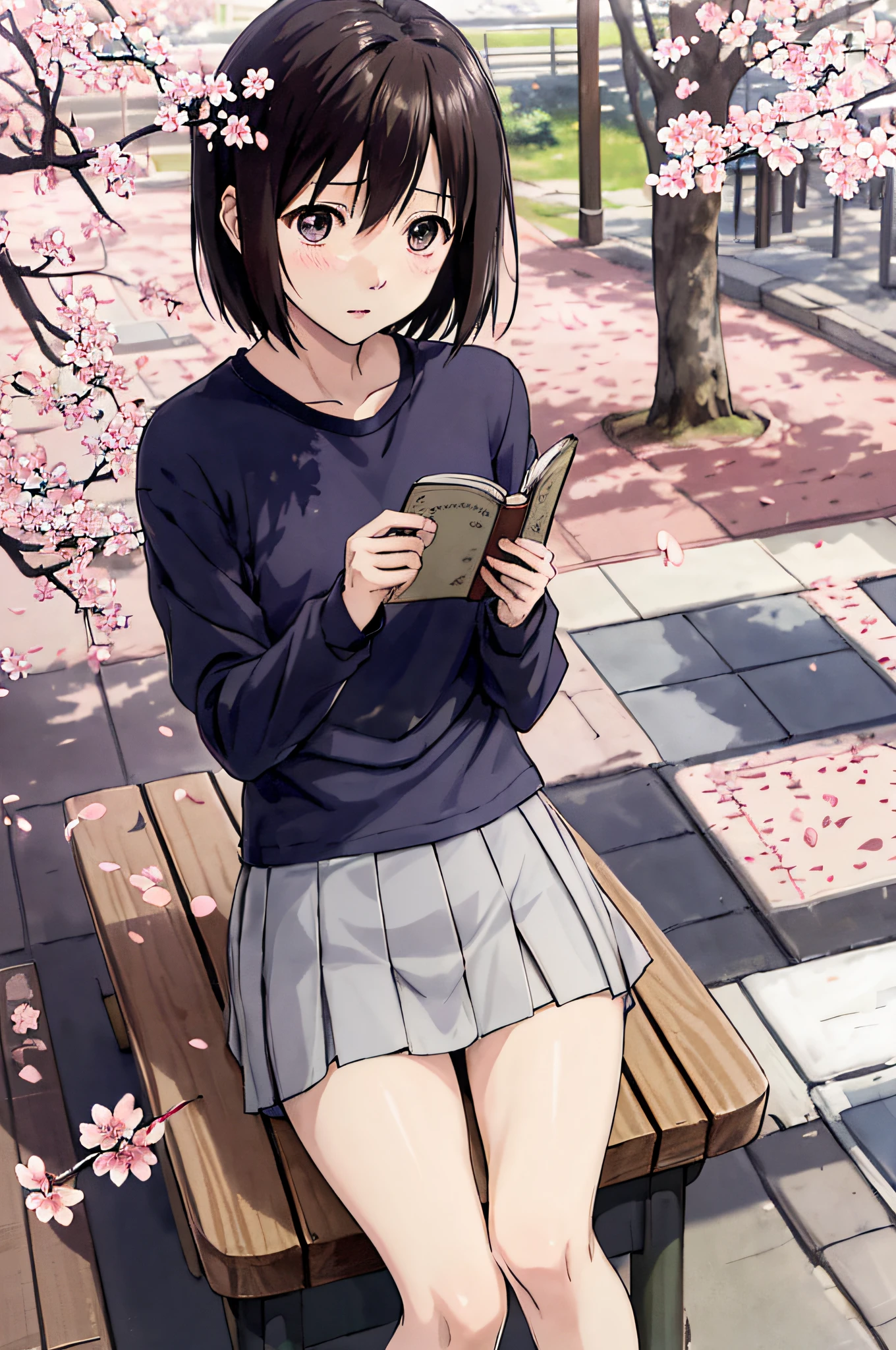 nakahara_misaki、two-tone shirt、a miniskirt、plein air、a park、Cherry blossom petals fluttering、lonely、Blue theme、mournful、Eyes of the Sky、looking-down、The tree、Benches、sitted、Panties are visible、Reading a book、white panty