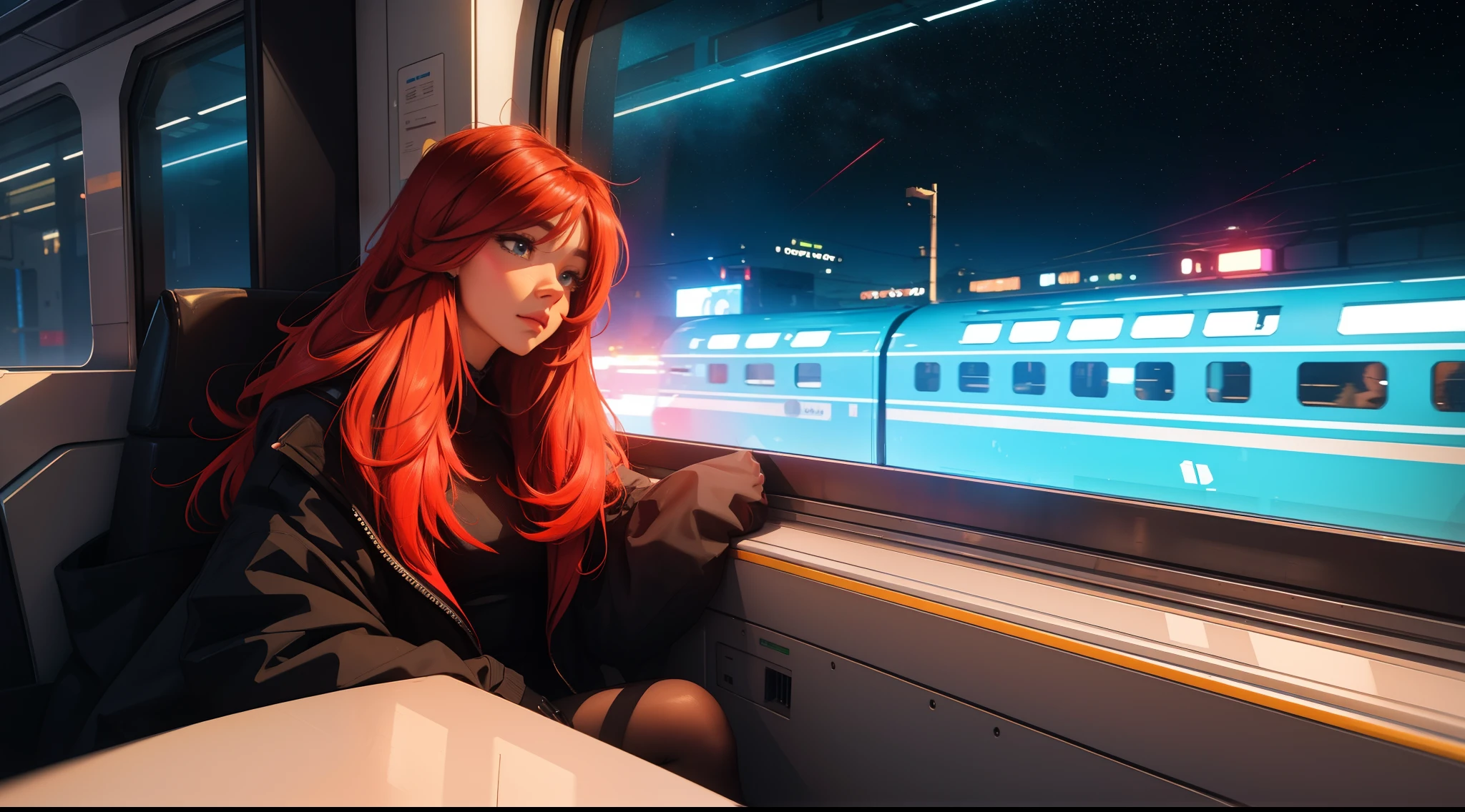 train du futur, Cyberpunk,  sitting by the window,  pose pensives, Look at the stars, Head glued to the glass, Landscape passing by at high speed, voyage de nuit, beautiful starry sky, Une belle fille avec, UHD Portrait, (High quality) (ultra details) Regarder le spectateur en tenue de ville de style hip-hop; different, colourfull, Colorful red and gold long hair 🌈