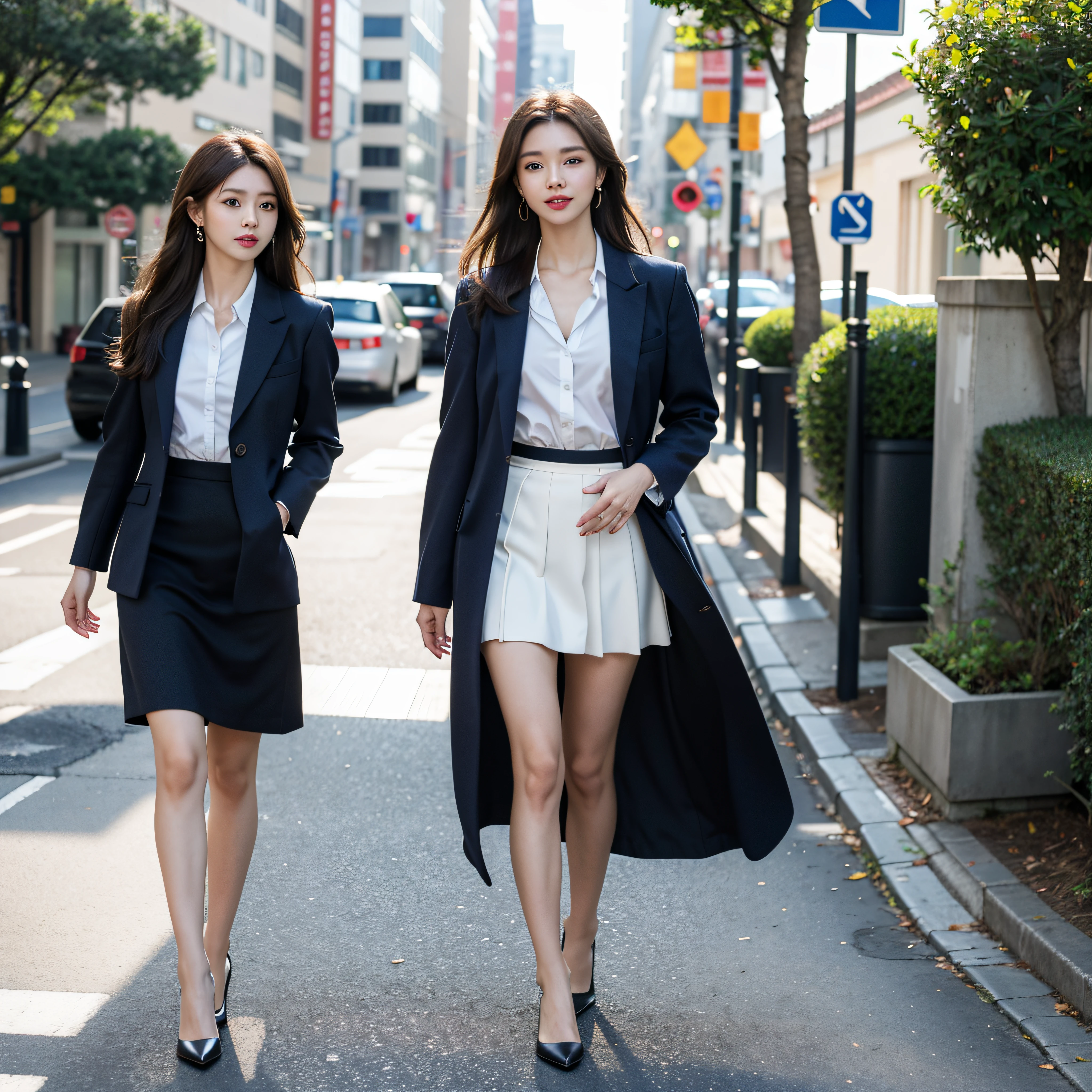 8k, RAW photo, photorealistic, realistic, best quality, masterpiece, sharp focus, real person, ultra high res, 1girl, Japanese, 24 years old, extremely beautiful face and body, detailed eyes and pupils, makeup, red glossy lips, brown hair, earrings, matured, sexy, cute, brilliant, intellectual, smile, slim face and body, fair and clean skin, navy blue tailored jacket, white shirt with collar, navy blue skirt, full body, walking forward viewer, at office, daytime, natural lighting