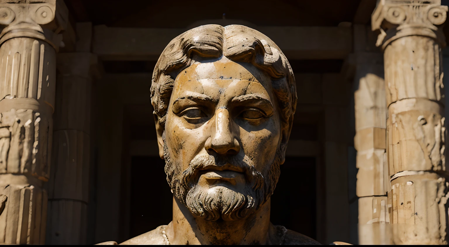 Ancient Stoic Statue With Very Angry Expression, tem barba, muitos detalhes em ambos os olhos, Outside, fundo atenas grego, open sky, com rosto extremamente detalhado full body view, Colors with low saturation with dark tone, Filmado em Sony A7S III com Sony FE 35mm f/1.8, 12.1 MP, --AR 3:2 --estilo cru