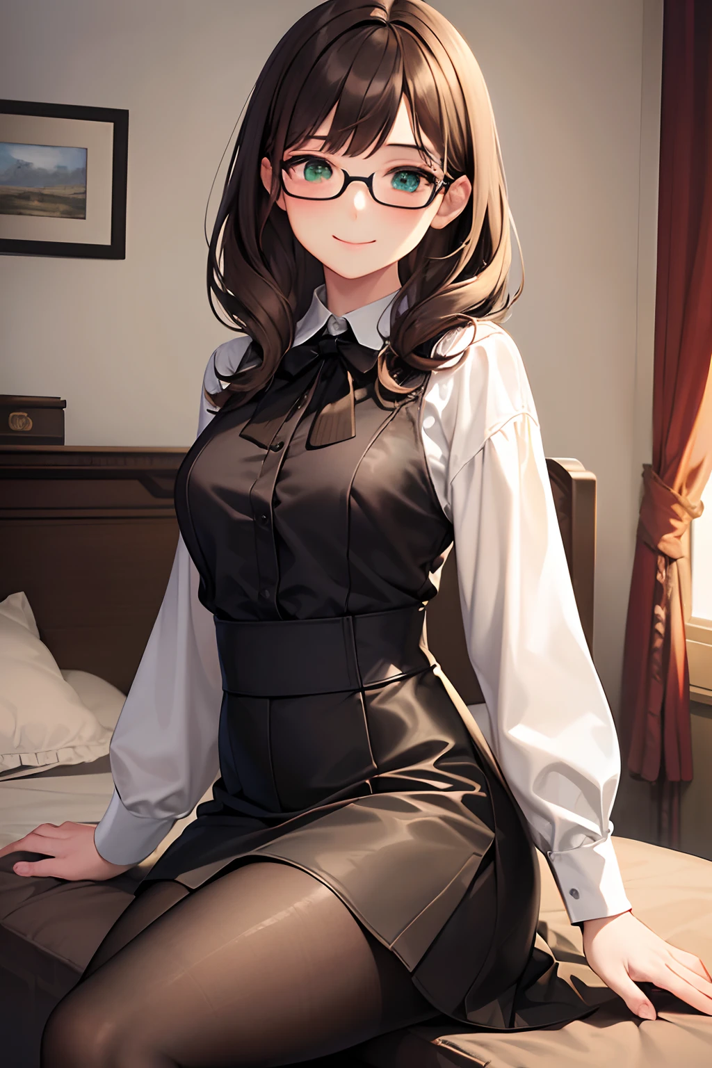 (masterpiece, best quality), illustration, absurdres, detailed face, 1girl, solo, portrait, cowboy shoot, casual clothes, glasses, green eyes, brown hair, curly hair, medium hair, long sleeves, (white shirt, black skirt, pantyhose), sexy, smile, indoors, bedroom