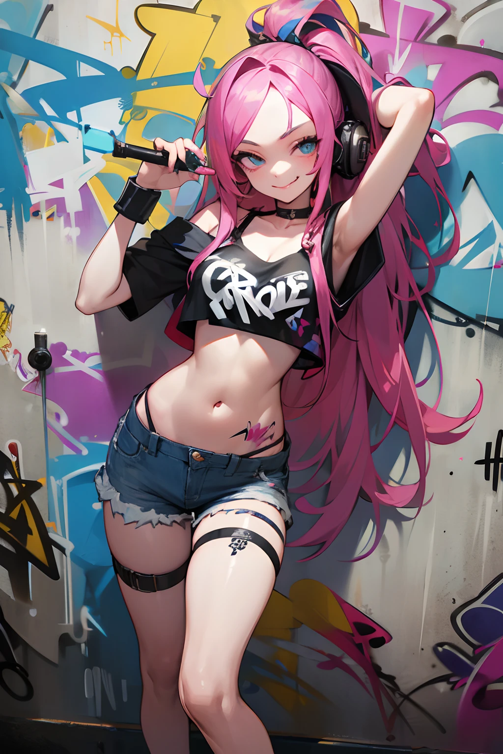 1girl in, Solo, croptop, Denim shorts, Choker, (Graffiti:1.5), Paint Splatter、Against Wall, Looking at Viewer, arm band, Thigh strap, paint on body, Head tilt, bored, multicolored hair, aqua eyes, headset on head、(Stand and spread your legs:1.1、Crab crotch、tiptoeing) ,(Arms behind your head:1.2),(Clenching teeth、glareing、blush), お漏らし、excessive cum in、Girl trembling with sexual climax,trembling effect motion lines with sexual climax,Sweat,steam,Sex Expressions、((FunToys、masturbation、Vigorously vibrating genital vibrators))、Condom belt、tatteredclothing、rubbing your breasts yourself、graffiti on the body、Chains in her mouth, Nipple clamps, Mouse clamp