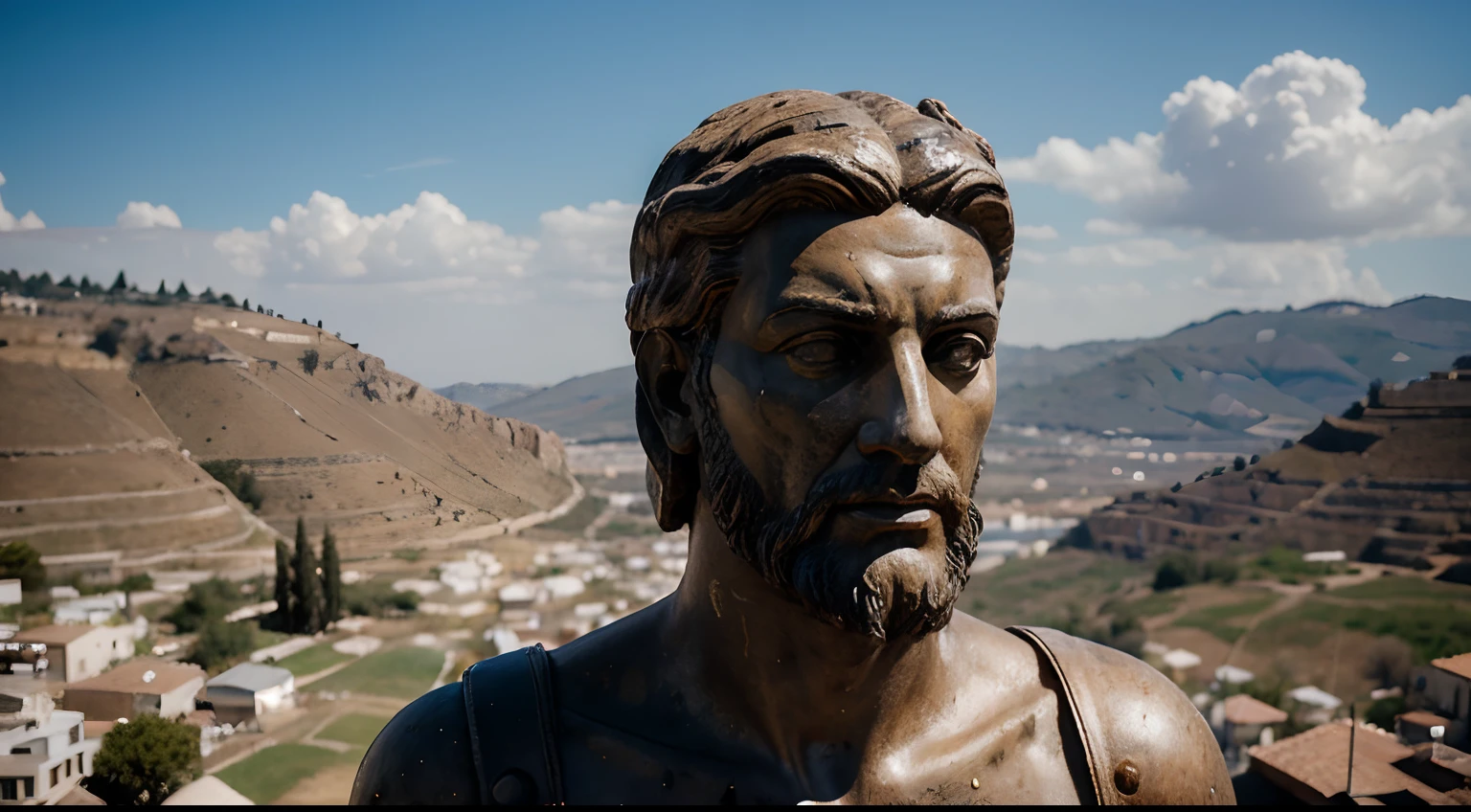 Ancient Stoic Statue With Very Angry Expression, tem barba, muitos detalhes em ambos os olhos, Outside, fundo atenas grego, open sky, com rosto extremamente detalhado full body view, Colors with low saturation with dark tone, Filmado em Sony A7S III com Sony FE 35mm f/1.8, 12.1 MP, --AR 3:2 --estilo cru