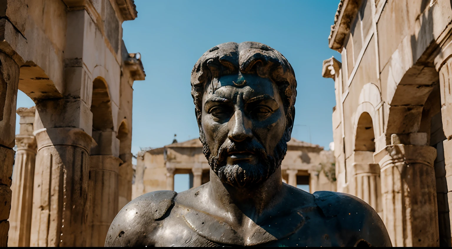 Ancient Stoic Statue With Very Angry Expression, tem barba, muitos detalhes em ambos os olhos, Outside, fundo atenas grego, open sky, com rosto extremamente detalhado full body view, Colors with low saturation with dark tone, Filmado em Sony A7S III com Sony FE 35mm f/1.8, 12.1 MP, --AR 3:2 --estilo cru