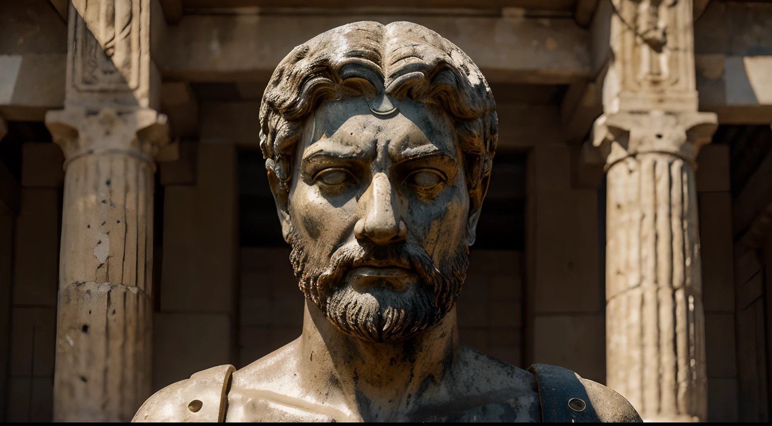 Ancient Stoic Statue With Very Angry Expression, tem barba, muitos detalhes em ambos os olhos, Outside, fundo atenas grego, open sky, com rosto extremamente detalhado full body view, Colors with low saturation with dark tone, Filmado em Sony A7S III com Sony FE 35mm f/1.8, 12.1 MP, --AR 3:2 --estilo cru