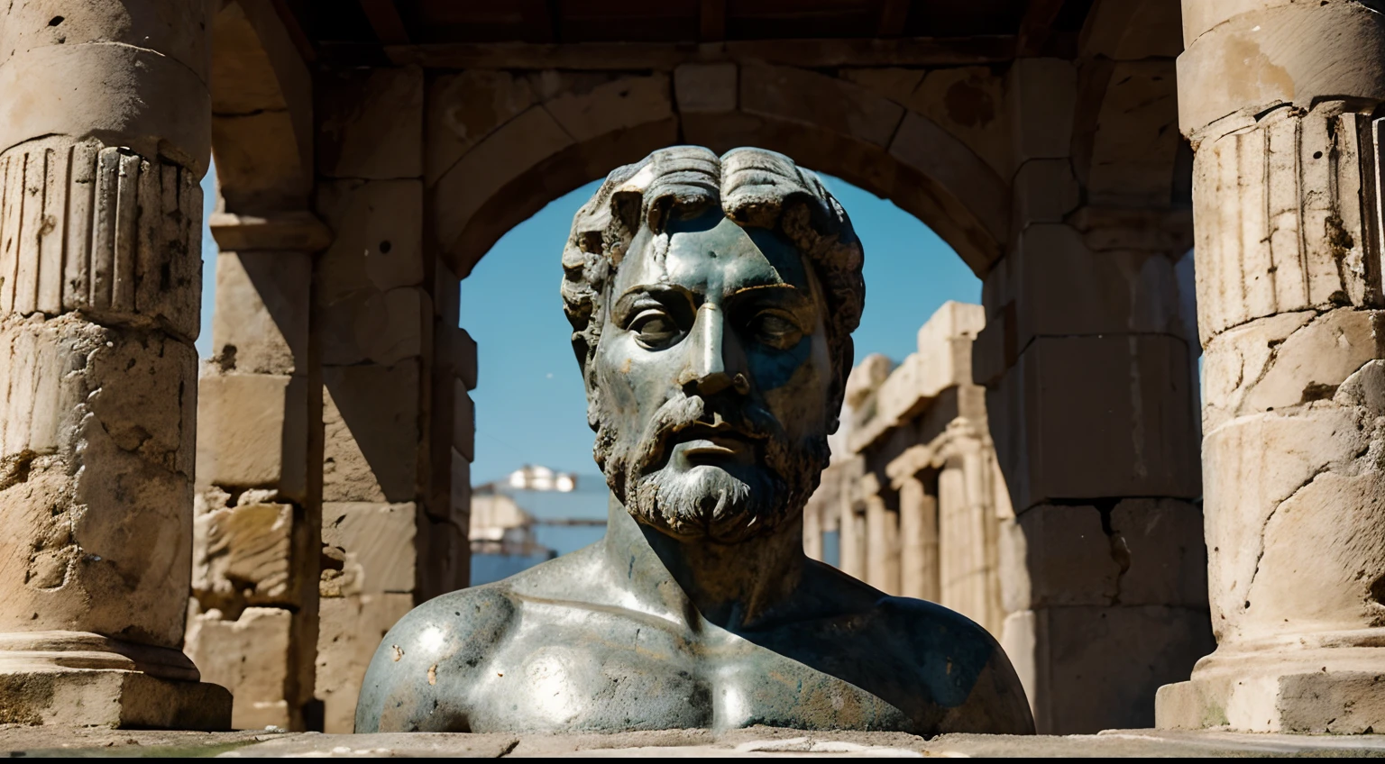 Ancient Stoic Statue With Very Angry Expression, tem barba, muitos detalhes em ambos os olhos, Outside, fundo atenas grego, open sky, com rosto extremamente detalhado full body view, Colors with low saturation with dark tone, Filmado em Sony A7S III com Sony FE 35mm f/1.8, 12.1 MP, --AR 3:2 --estilo cru