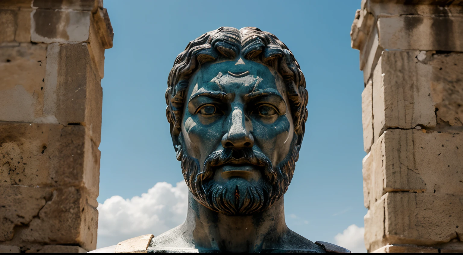 Ancient Stoic Statue With Very Angry Expression, tem barba, muitos detalhes em ambos os olhos, Outside, fundo atenas grego, open sky, com rosto extremamente detalhado full body view, Colors with low saturation with dark tone, Filmado em Sony A7S III com Sony FE 35mm f/1.8, 12.1 MP, --AR 3:2 --estilo cru